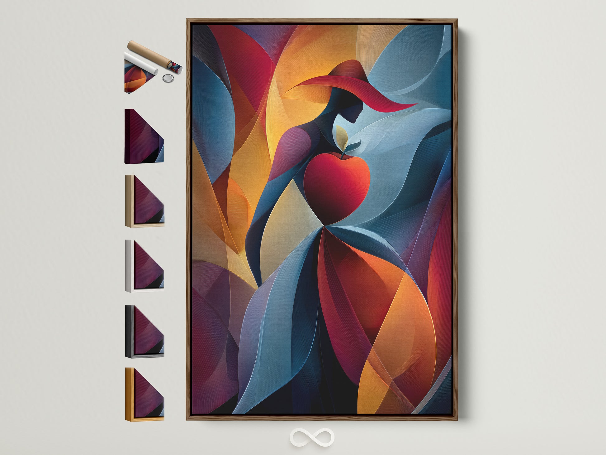 A brown frame displays an abstract artwork. The artwork features a woman in a red hat holding a red apple. This is surrounded by flowing lines and shapes. See all our frame options available to match your artwork.
