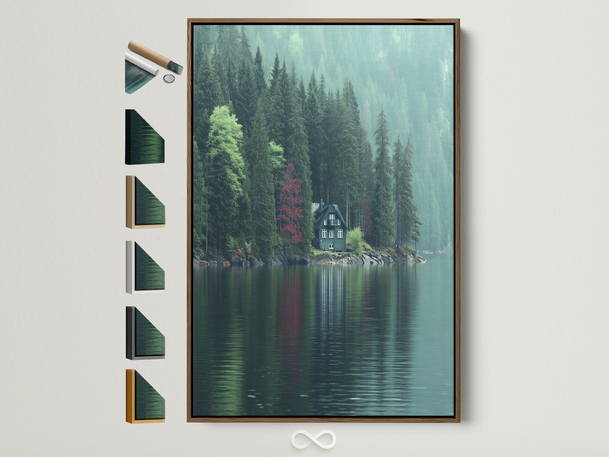 Lakeside Cabin artwork with a brown frame is displayed. The artwork shows a green cabin by a lake surrounded by green pine trees. There's a red tree adding a pop of color. Frame options are visible on the side. This moody green nature photography is perfect for a study or cabin decor.