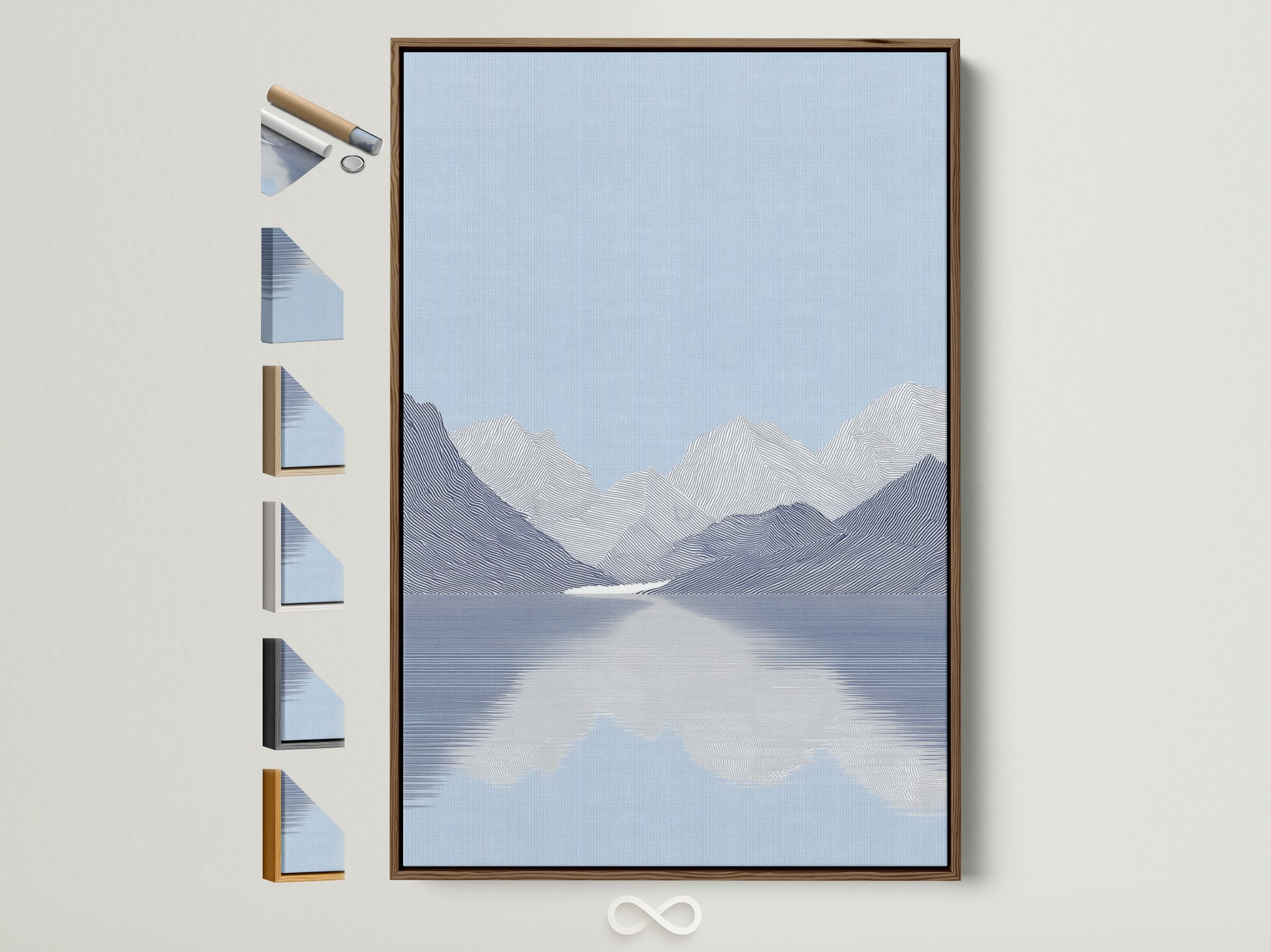 Artwork with a brown frame is displayed with frame options. The artwork features a serene lake and mountain scene. The art is framed in various styles. Explore framing options for your artwork. Find the perfect frame to complement your style.