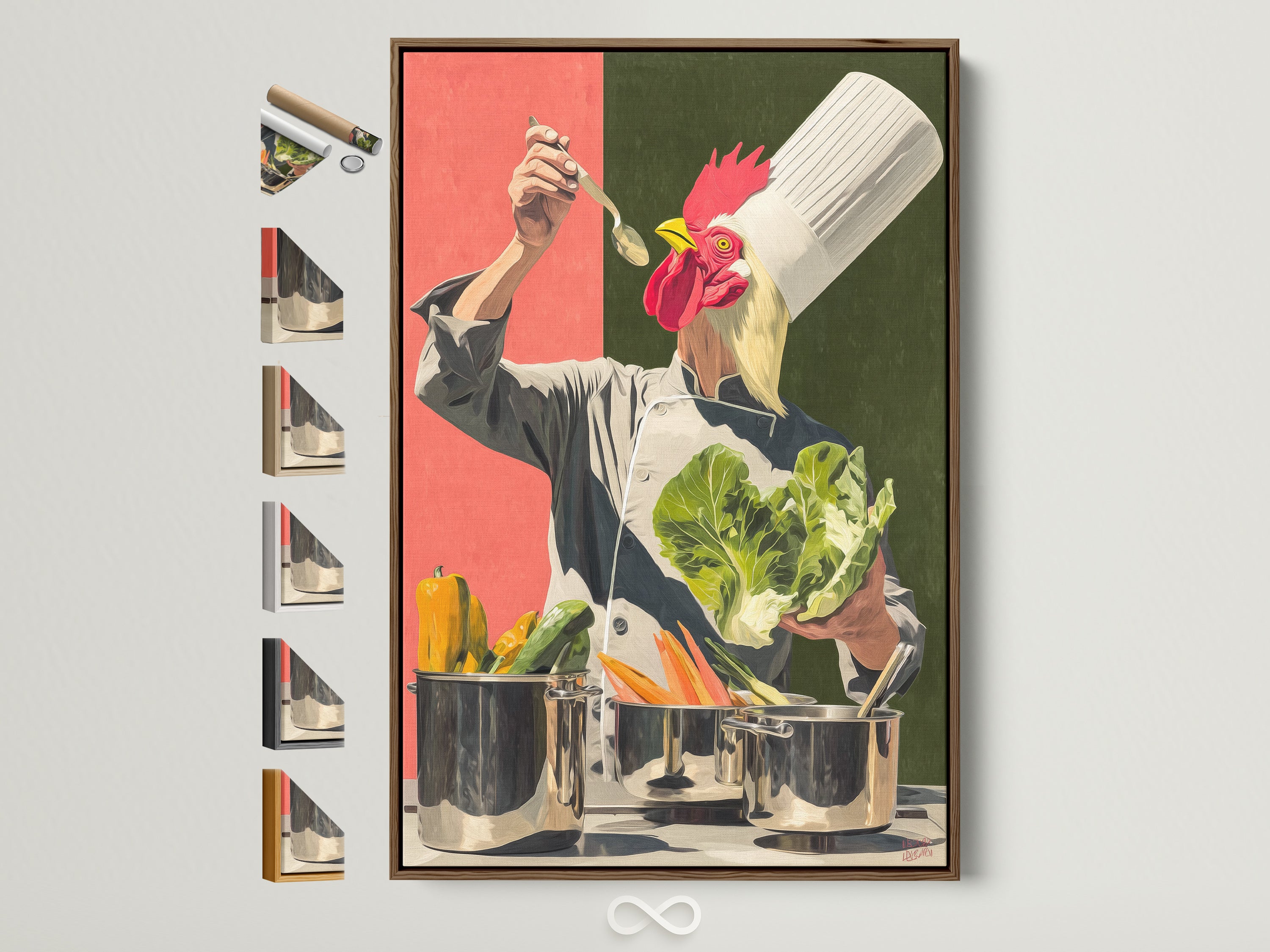 Chef Rooster wall art in a brown frame. Various frame options are displayed on the side. This quirky kitchen canvas print adds a playful touch. It is ideal for restaurants and cooking enthusiasts. This culinary art poster enhances decor. Consider this artwork as a unique gift.