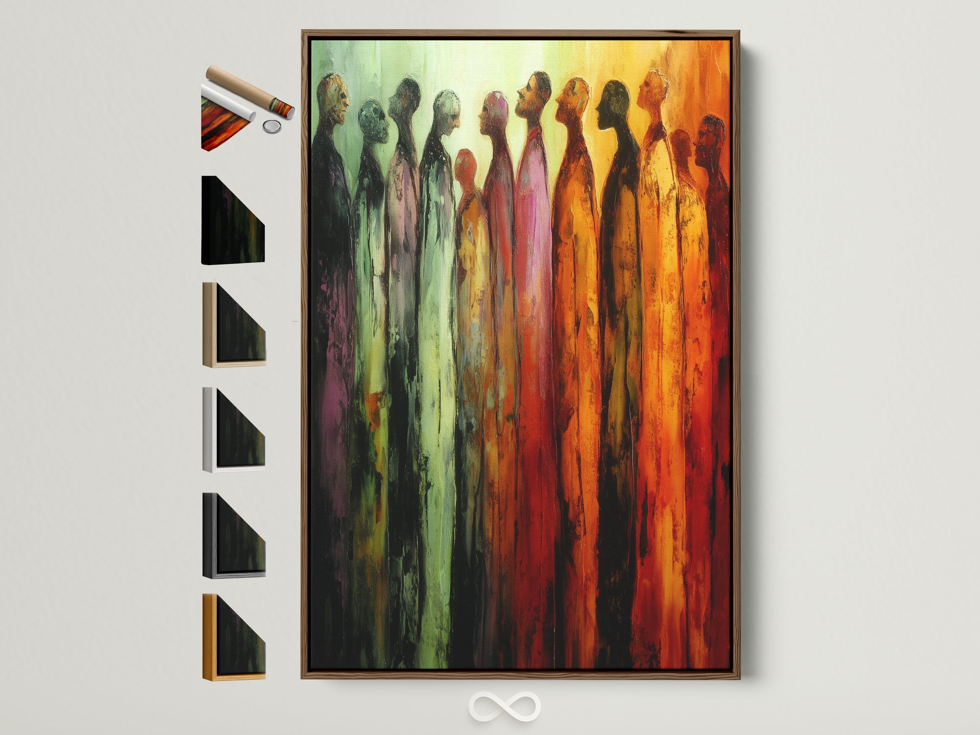 A warm toned figures artwork print is displayed in a brown frame. This is an abstract people wall art piece. See frame options available on the side. Perfect for hallway decor. Elevate your space with this modern artwork.