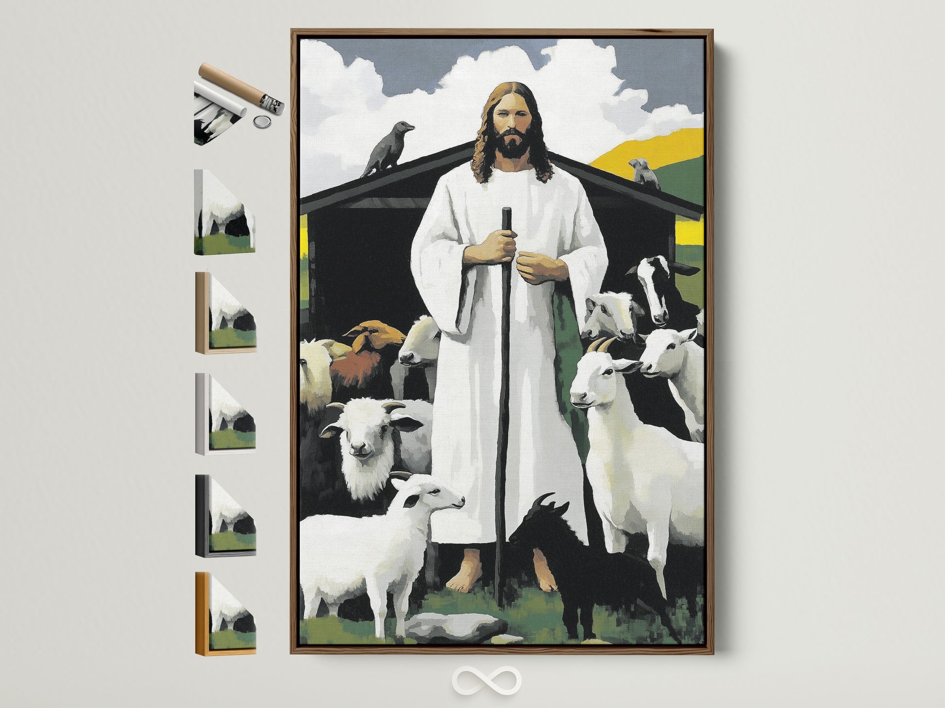 A framed artwork hangs on a white wall. The artwork depicts Jesus with sheep. Various frame options are displayed on the side. Consider different frame styles. Enhance your art with our framing choices. Find the perfect match for your artwork.