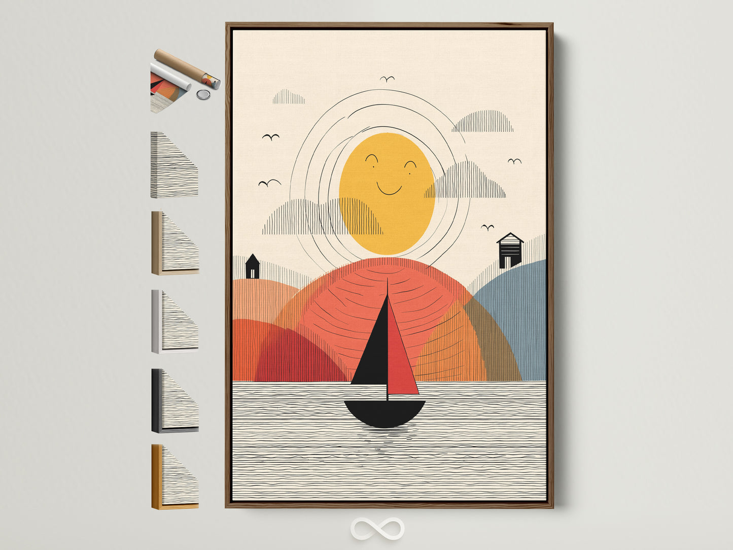 Sailboat Canvas Artwork with Brown Frame. This modern nautical artwork features a minimalist sailboat. The coastal wall art is framed in a warm brown tone. See all frame options available for this artwork.