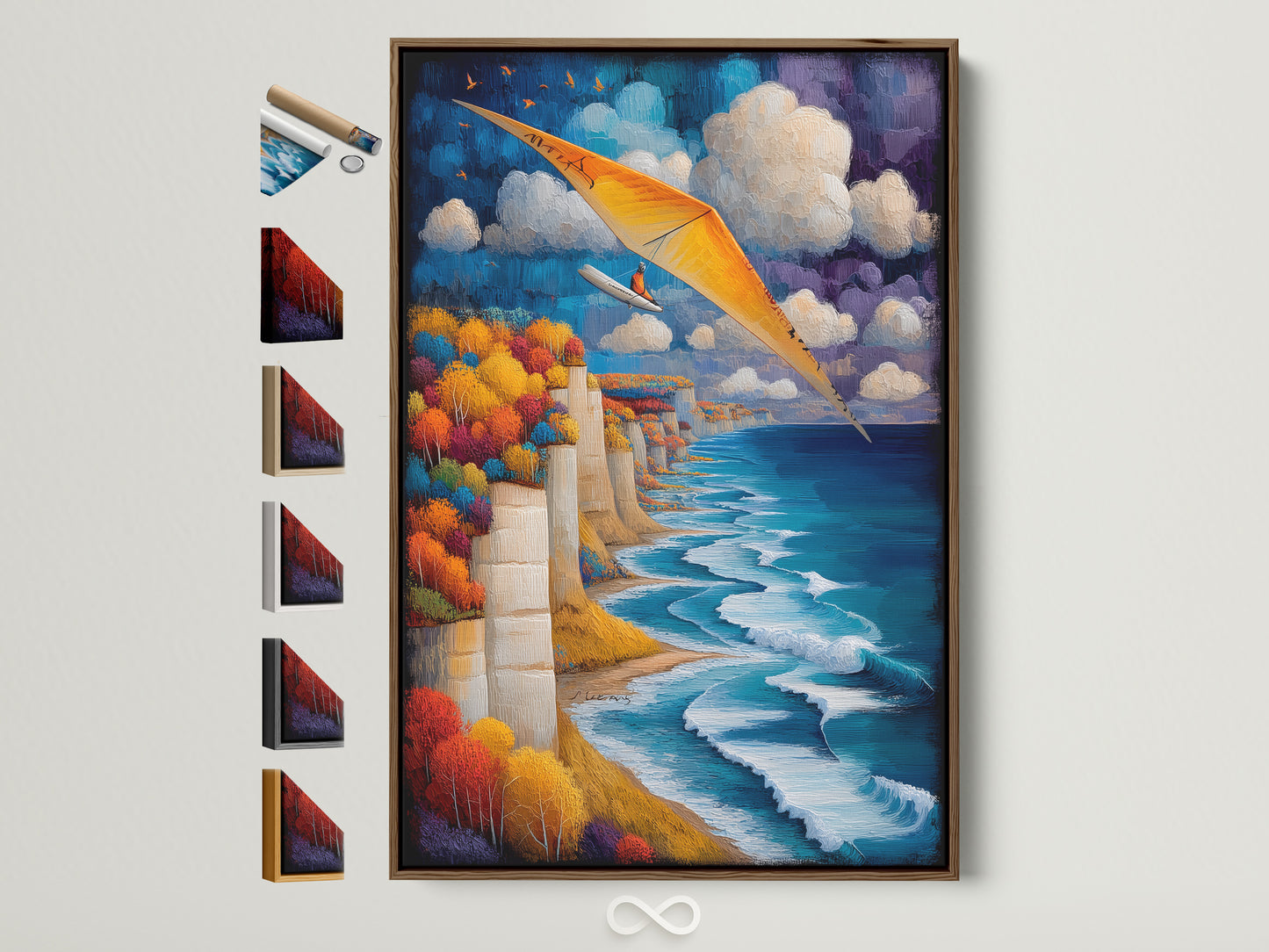 Hang gliding art print in a brown frame. This coastal cliff wall art adds adventure to any room. See all available frame options on the side. The artwork features a seascape with a blue ocean and colorful trees. Perfect office wall decor for adventure seekers.
