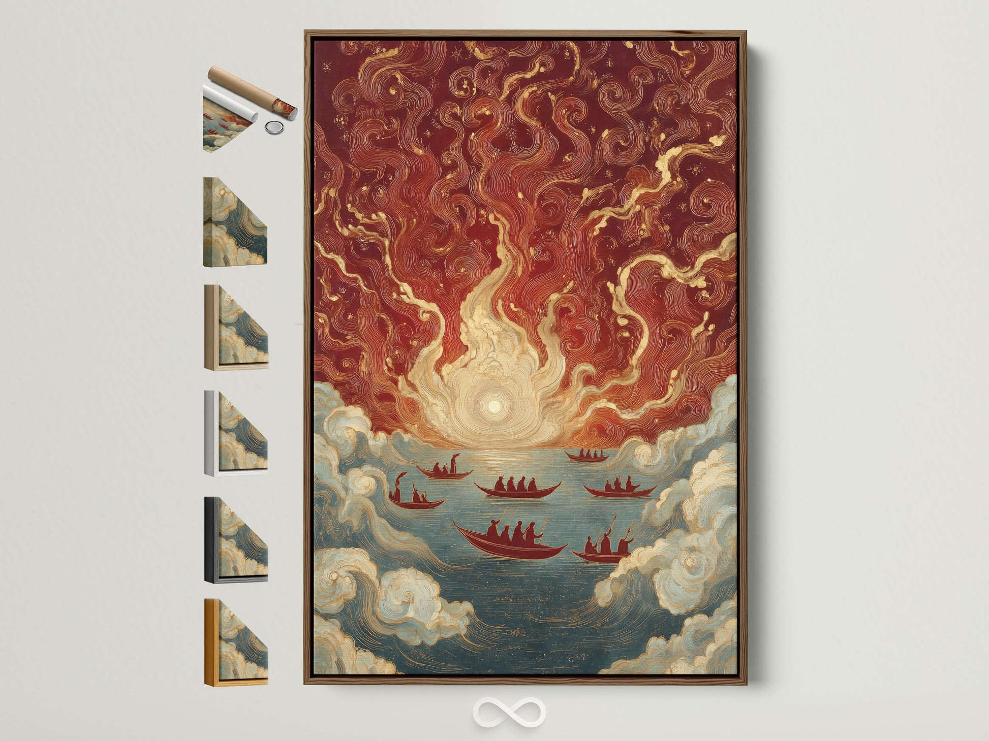 Elevate your space with Asian Maritime artwork. This vintage Chinese ships canvas wall art is framed in a brown frame. Explore frame options to match your style. Perfect nautical decor for office space or home.