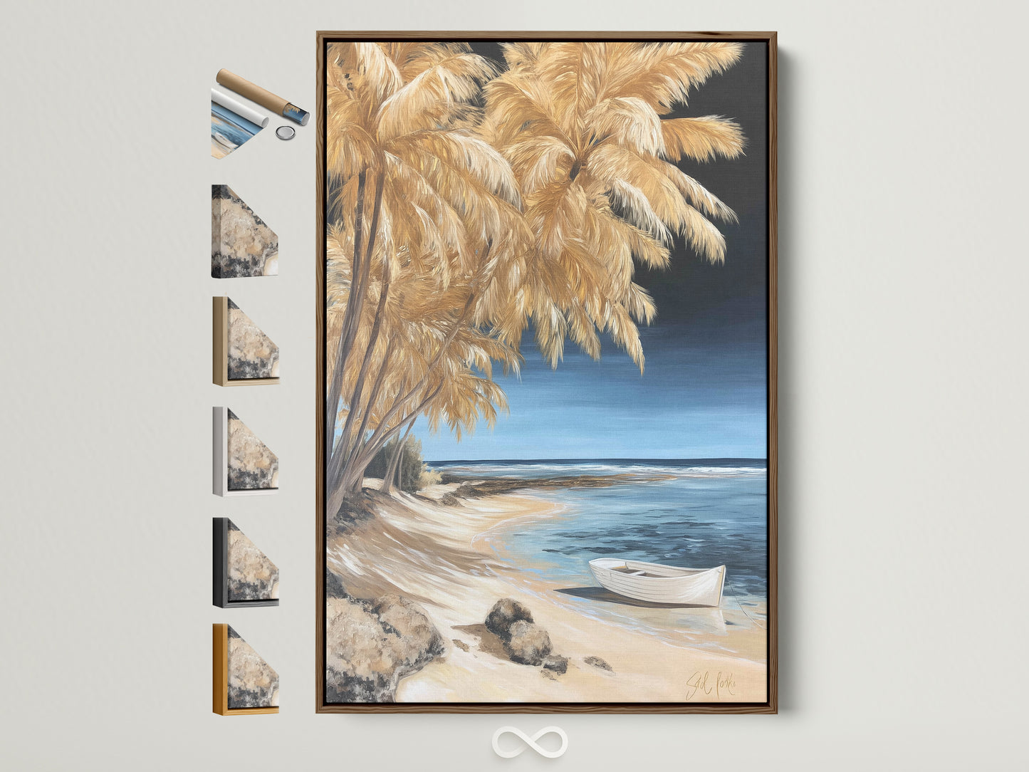 Coastal beach canvas artwork with a brown frame. This boat seascape wall art brings warm neutral tones to any room. Frame options are displayed showing alternatives for home decor.