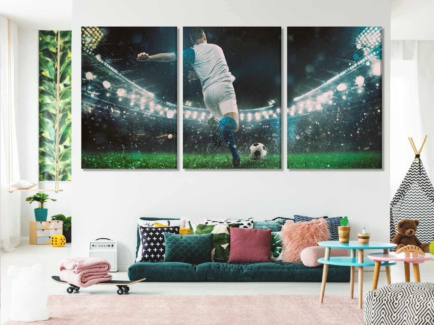 Soccer Player Canvas Print, Large Football Action Wall Art, Sports Stadium Decor, Athlete Kicking Ball Canvas, Extra Large Sports Artwork