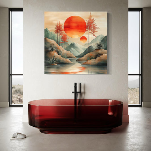 미니멀리스트 보헤미안 벽 아트 - 추상 산 캔버스 아트, 일몰 예술 작품, 차분한 흙빛 벽 장식, 차분한 벽 아트, 모던 추상 산