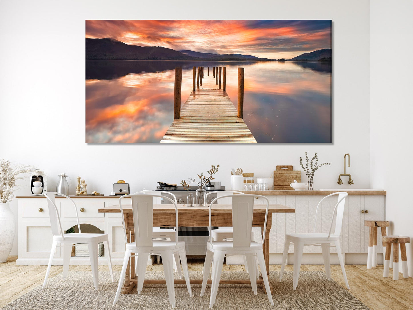 Lake District Jetty Canvas Print, Derwent Water Sunset Wall Art, Large 3 Panel Landscape, England Lake Scene Artwork, Scenic Nature Canvas