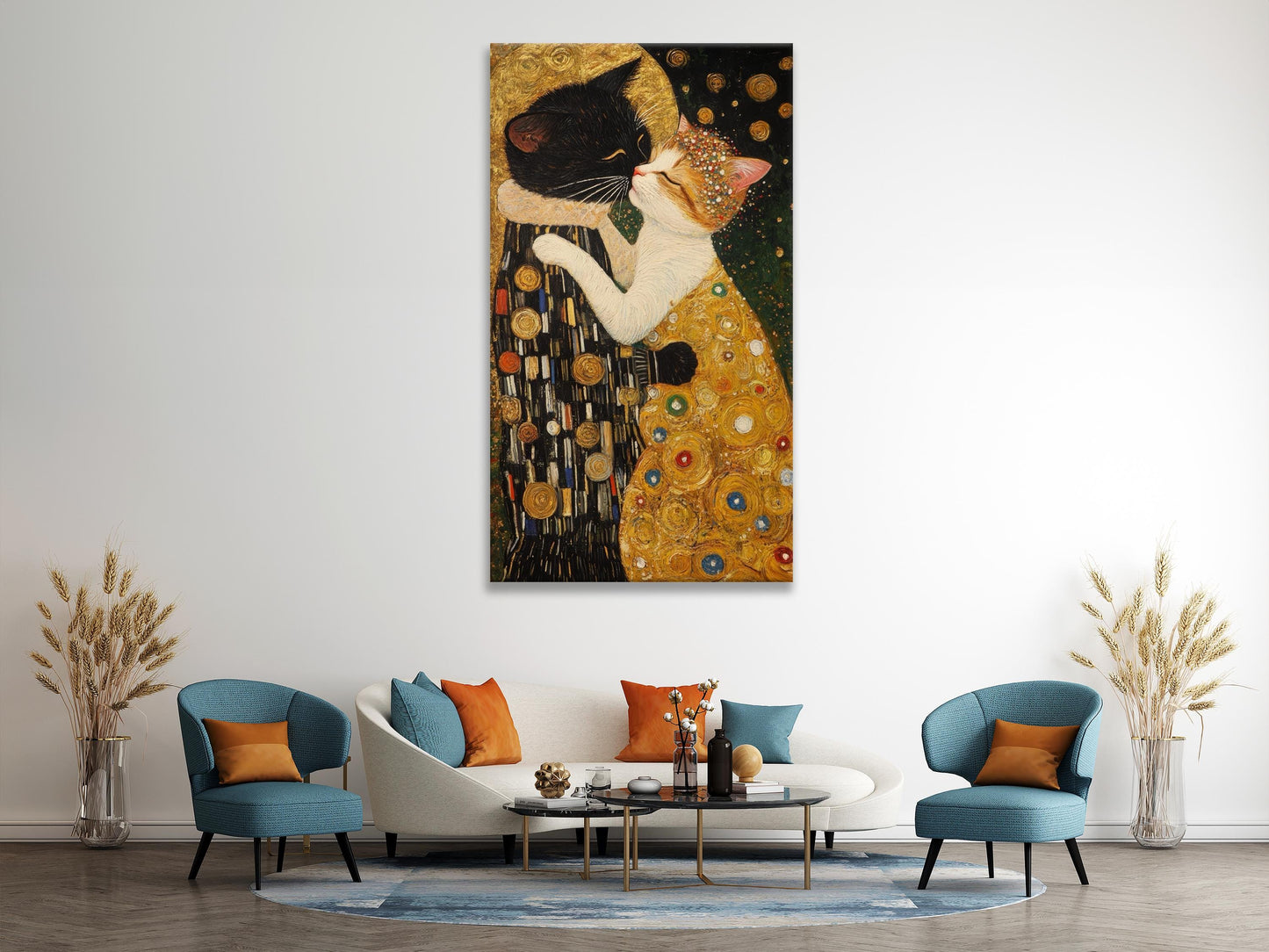 The Kiss: Cat Version Wall Art - Gustav Klimt Inspirado de arte, arte de pared de gato moderno, arte de lona de gatos, idea de regalo de gatos amantes, pintura de gatos grandes