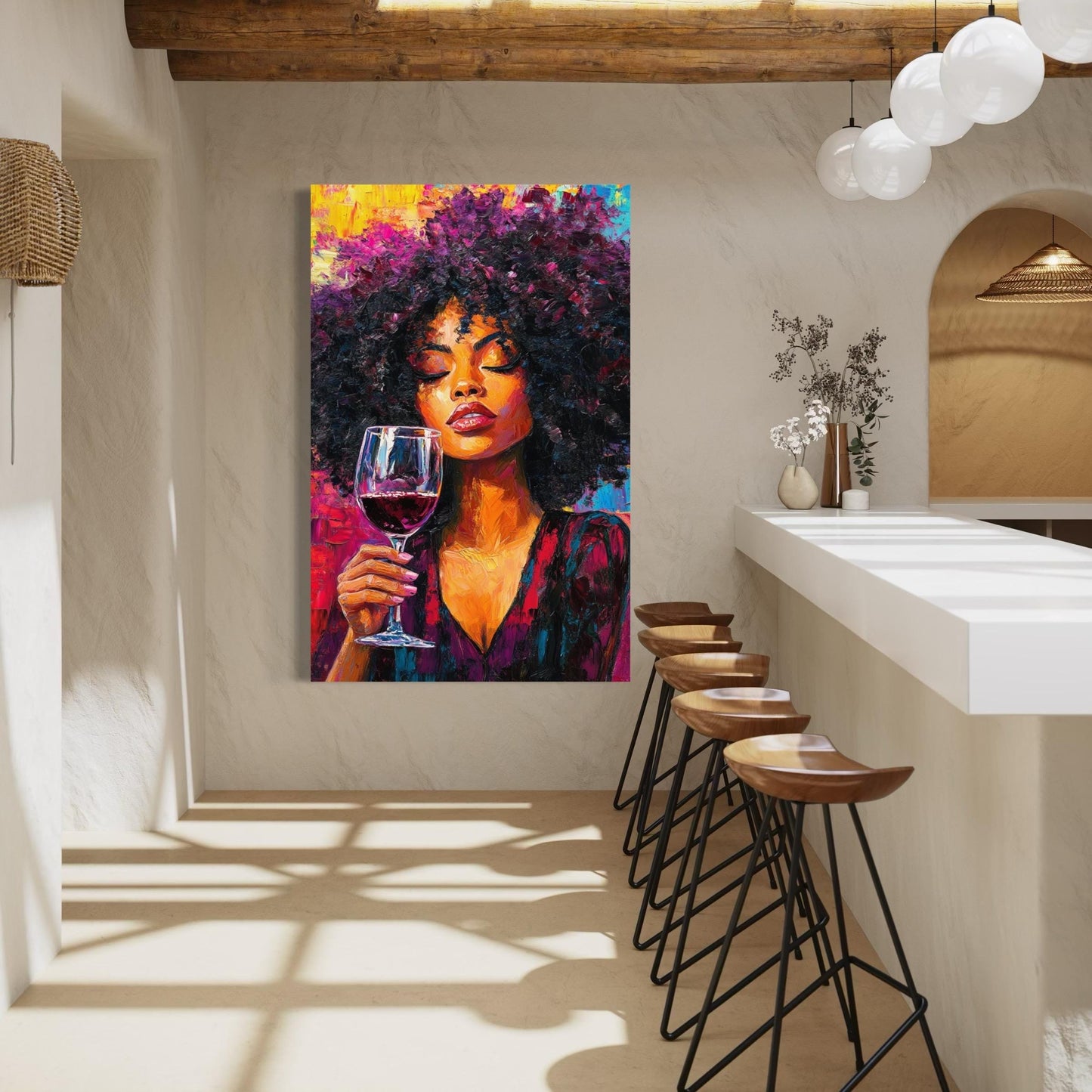 Arte de la pared de la mujer y el vino - Arte de lona de mujeres negras, pintura de amantes del vino, arte de pared afrocéntrico moderno, arte del vino para la decoración del bar o el restaurante de pared