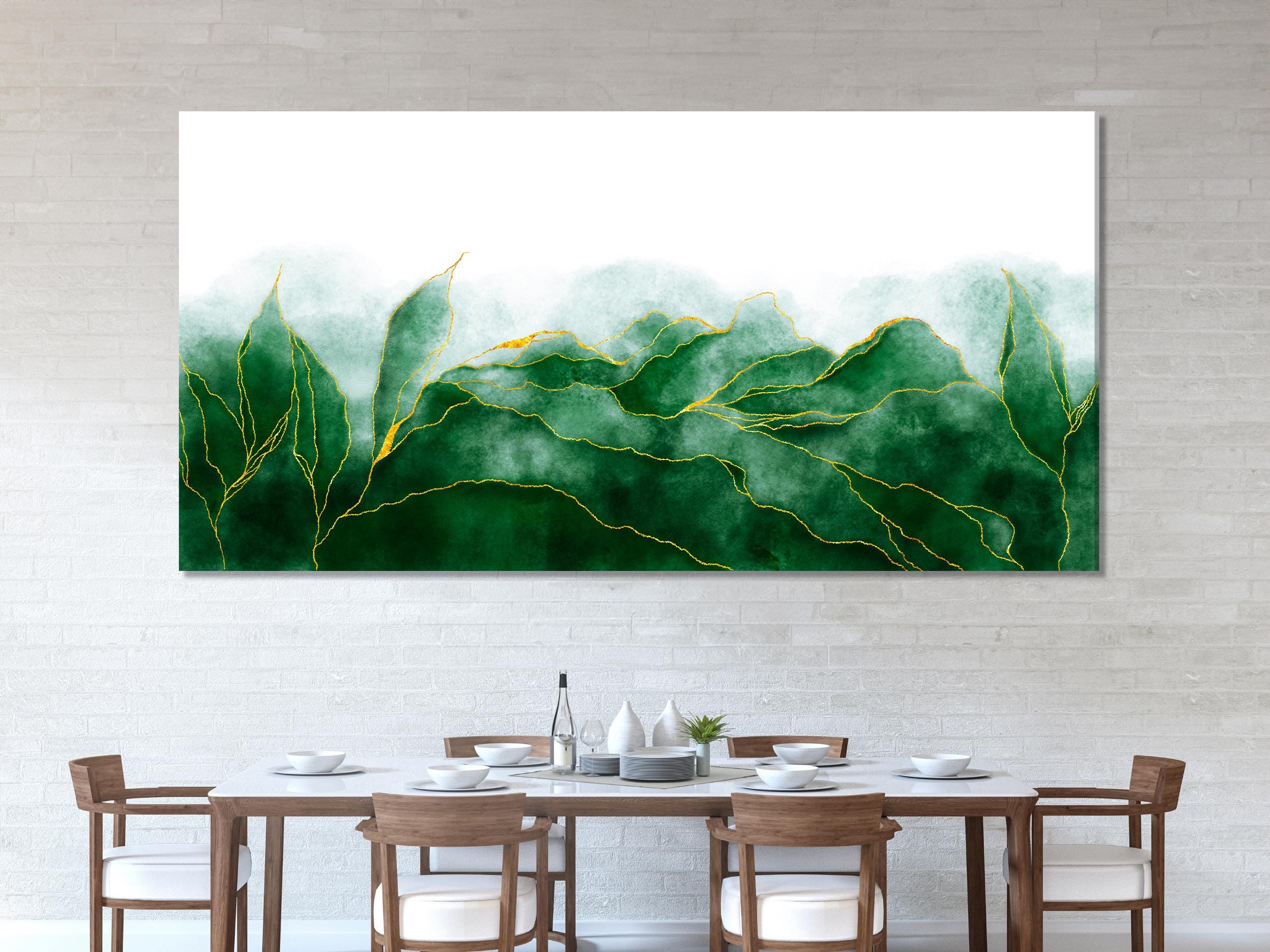 Impression sur toile triptyque à l'aquarelle vert et doré présentant une nature abstraite avec marbre fissuré — Art mural moderne pour la maison et le bureau