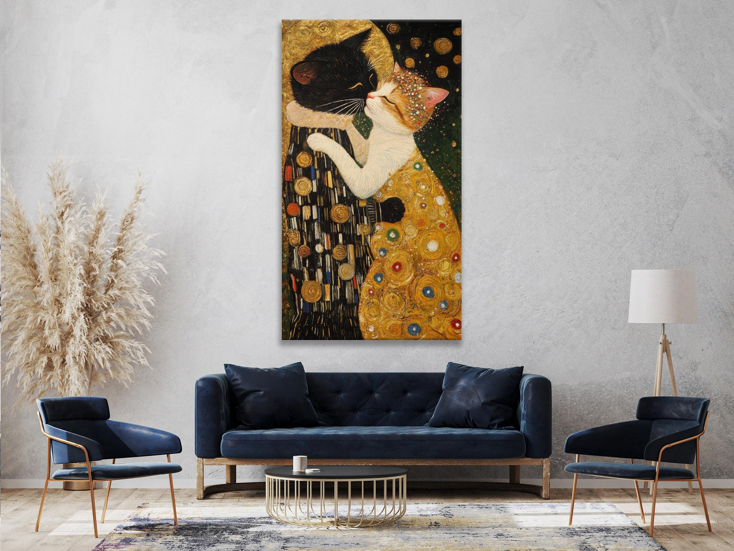 The Kiss: Cat Version Wall Art - Gustav Klimt Inspirado de arte, arte de pared de gato moderno, arte de lona de gatos, idea de regalo de gatos amantes, pintura de gatos grandes