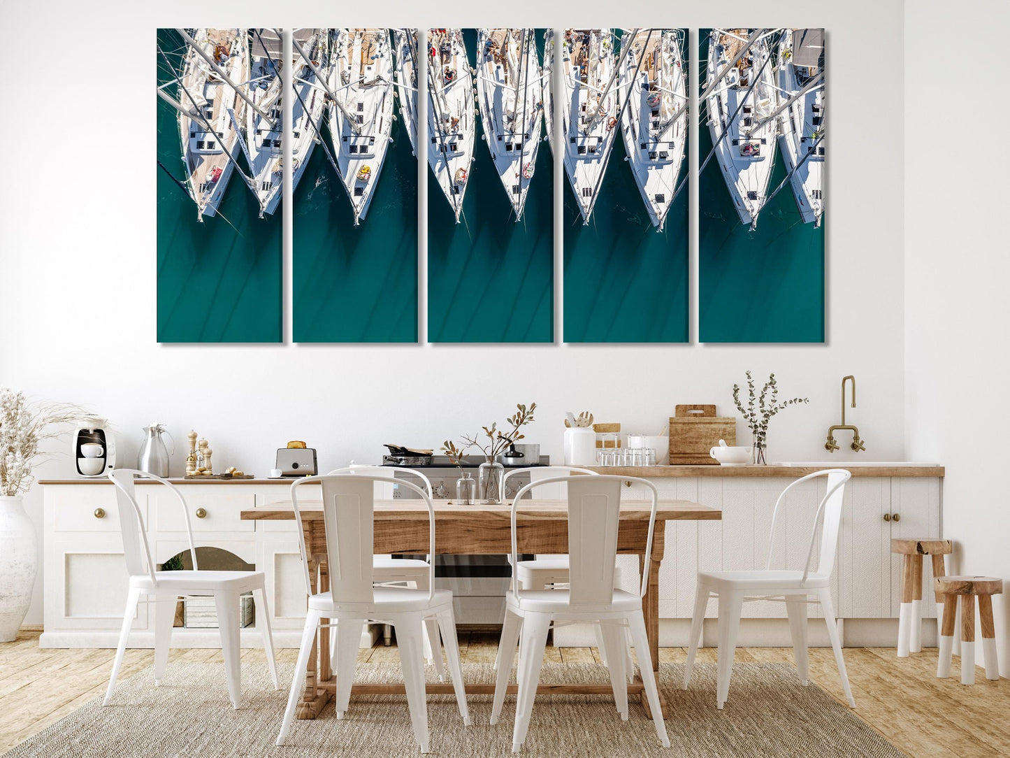 Nautical Boats Aerial View Canvas Wall Art, 5-Panel Coastal Decor, Yacht Marina Print, Modern Sailing Wall Art for Living Room or Dining