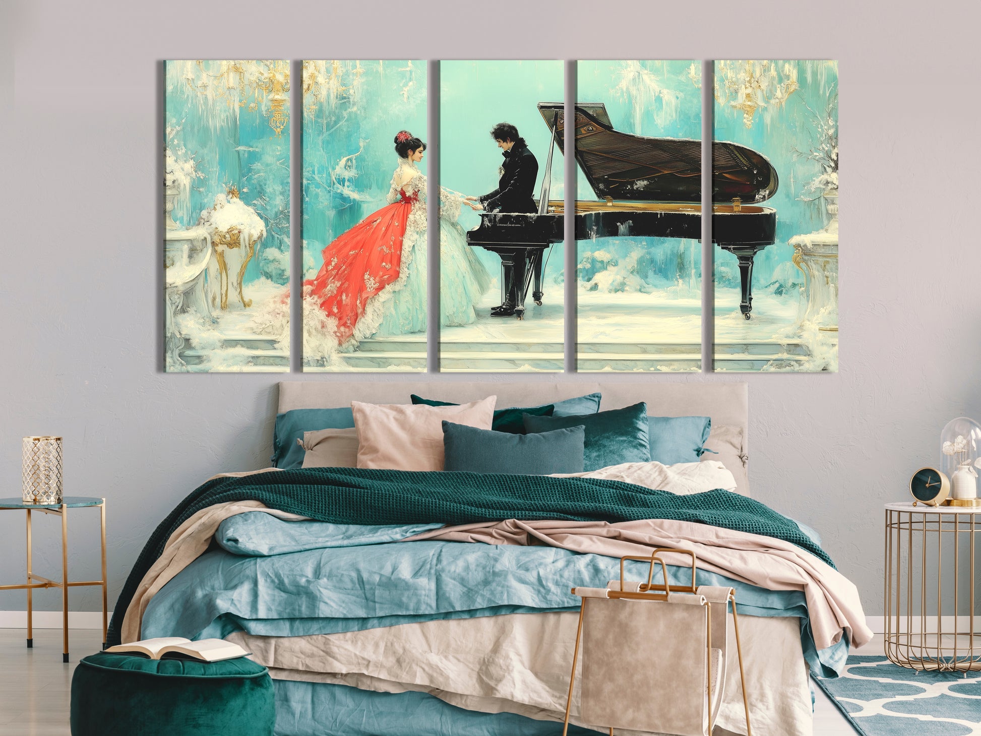 Elegant couple in snowy palace with grand piano wall art above bed