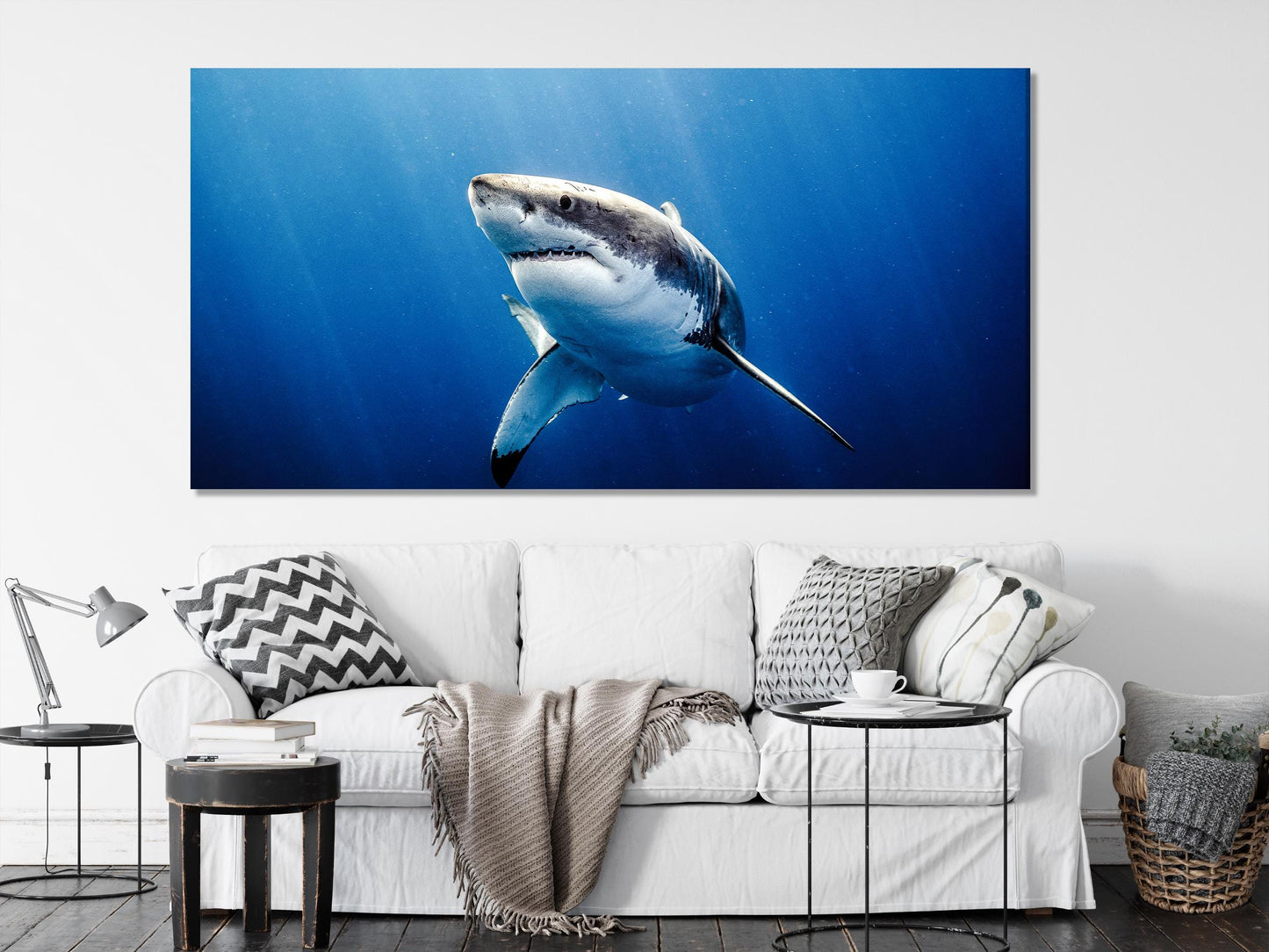 Great White Shark Canvas Print, Large Marine Life Wall Art, Ocean Predator Artwork, Underwater Shark Decor, Extra Large Sea Life Canvas Art