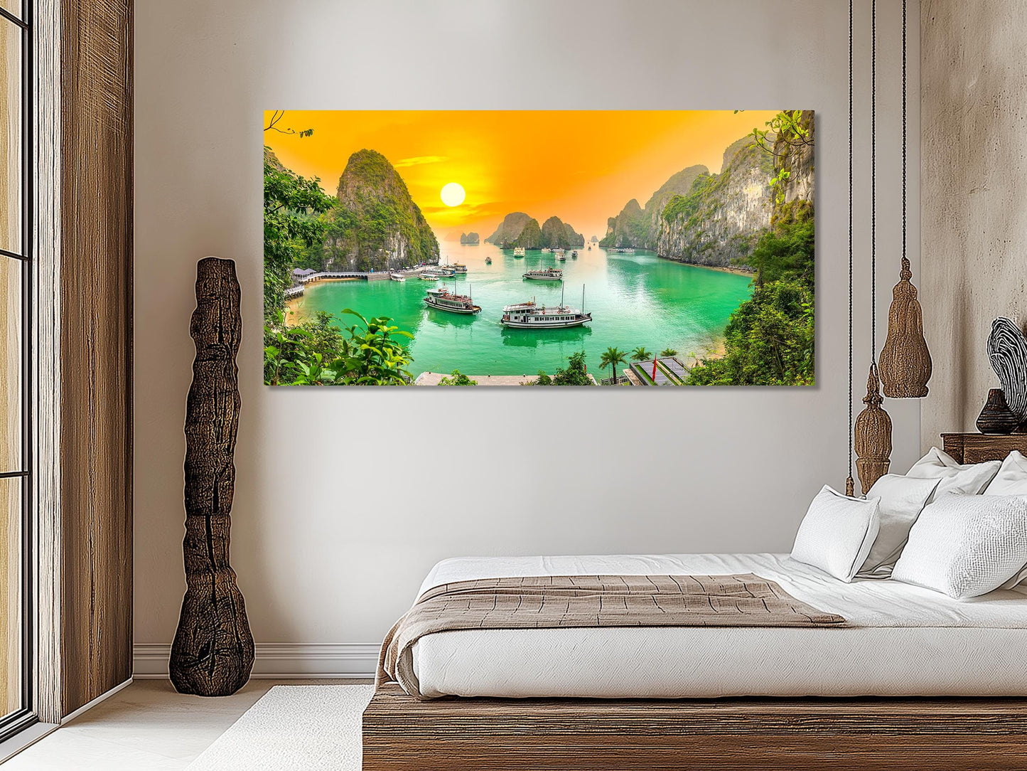 A five-piece canvas art set capturing boats gliding through turquoise seas under a golden sky.