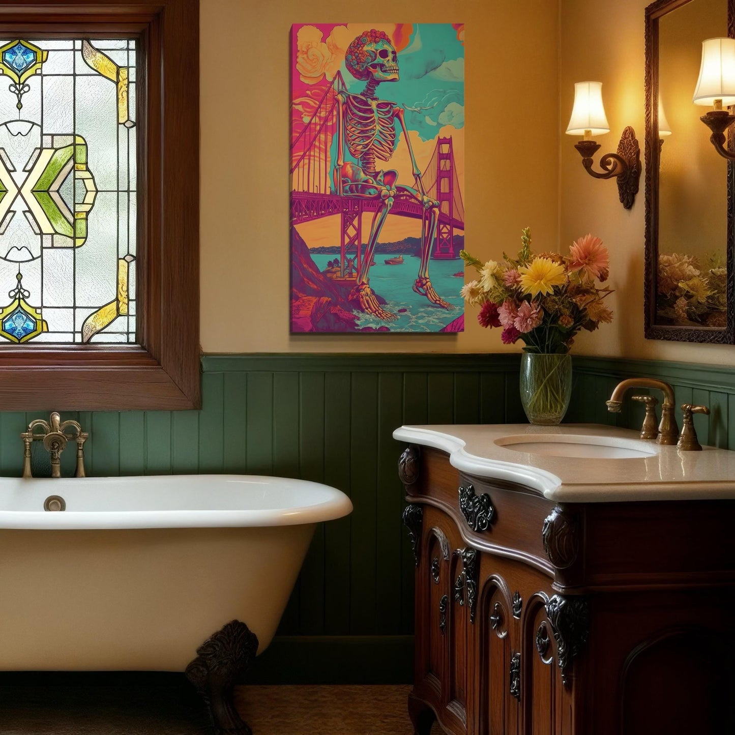 샌프란시스코 벽 예술 초현실주의 금문교 캔버스 아트 트리피 스켈레톤 아트 프린트 사이키델릭 샌프란시스코 아트워크 얼터너티브 아트워크