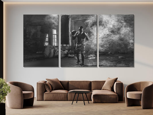 Boxing Canvas Print, Black and White Gym Art, Fighter Training Wall Decor, Intense Workout Scene, Vintage Industrial Boxing Artwork for Gym