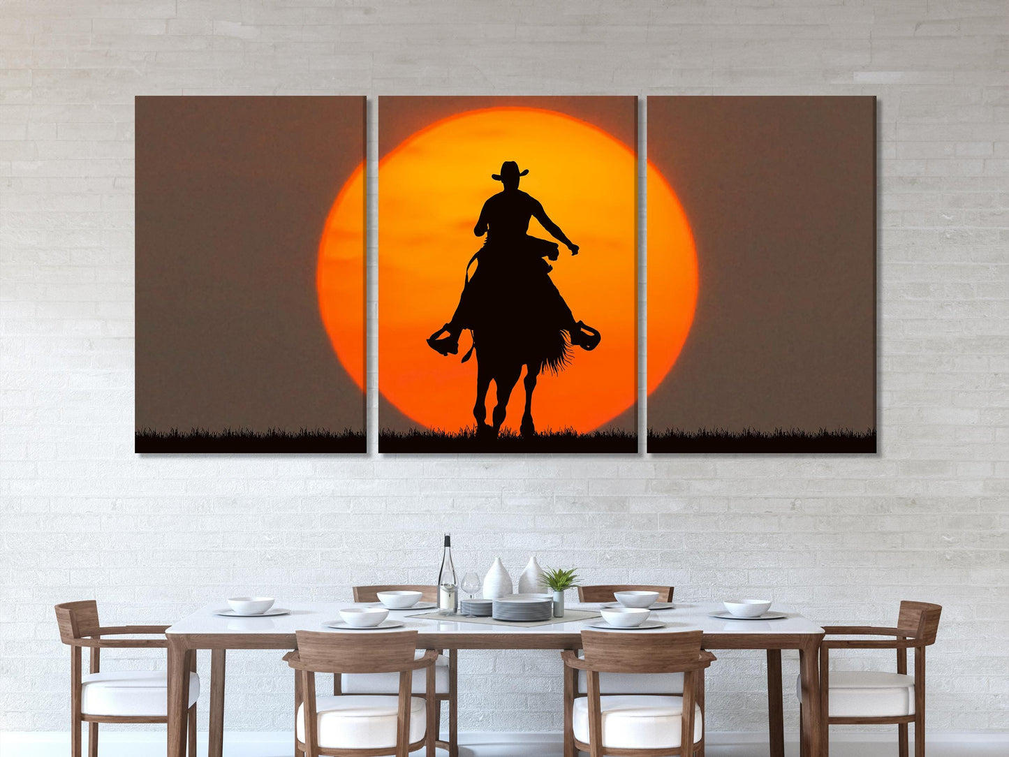 Cowboy Wall Art – Décoration murale Western, Scène de cowboy à cheval, Décor d’art américain Western pour salon contemporain ou bureau.