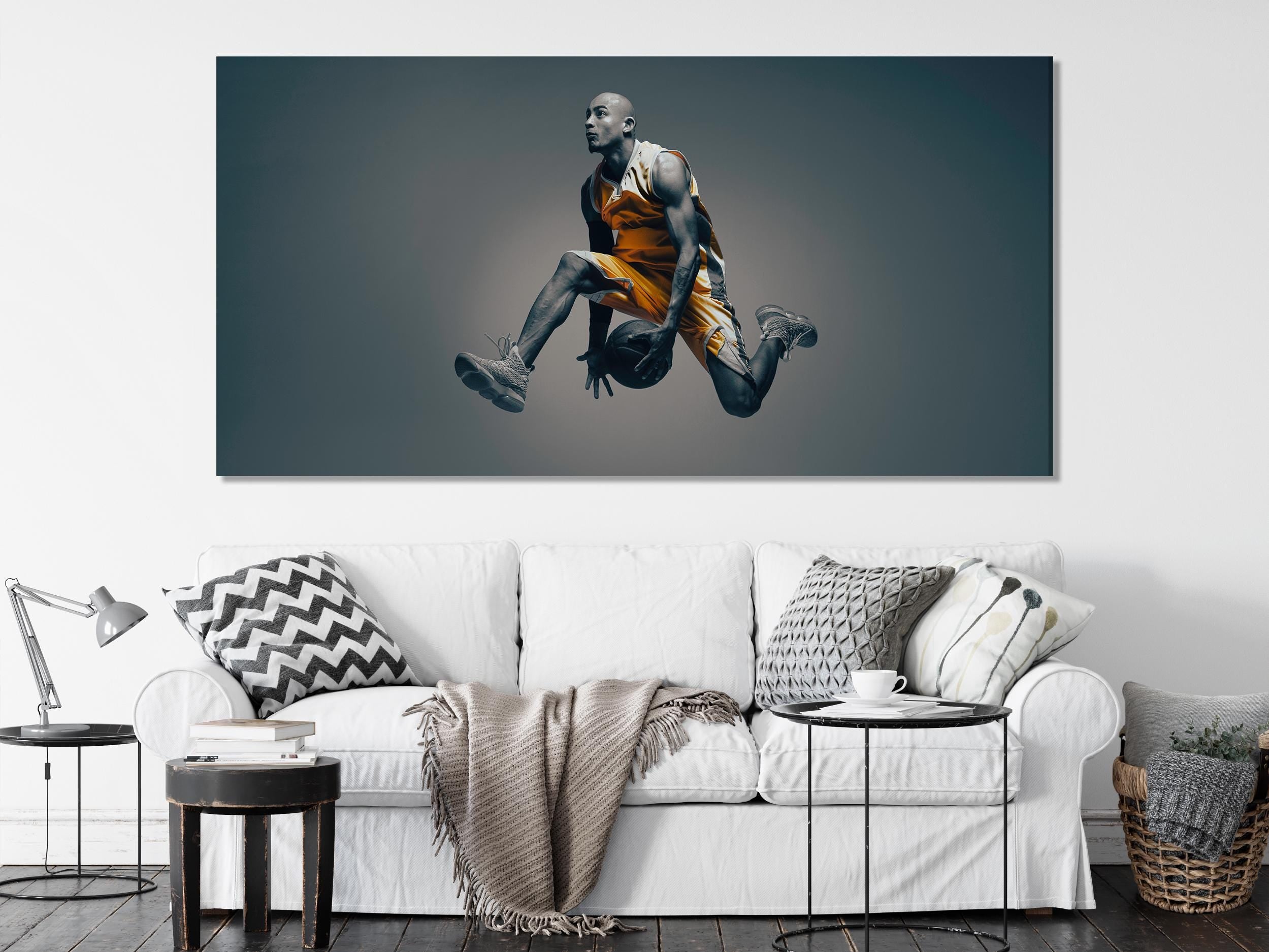 Impression sur toile d’un joueur de basket, grande œuvre murale sportive en mouvement, pièce d’art surdimensionnée en noir et blanc pour une salle de sport moderne à domicile ou une salle de jeux, cadeau de décoration murale