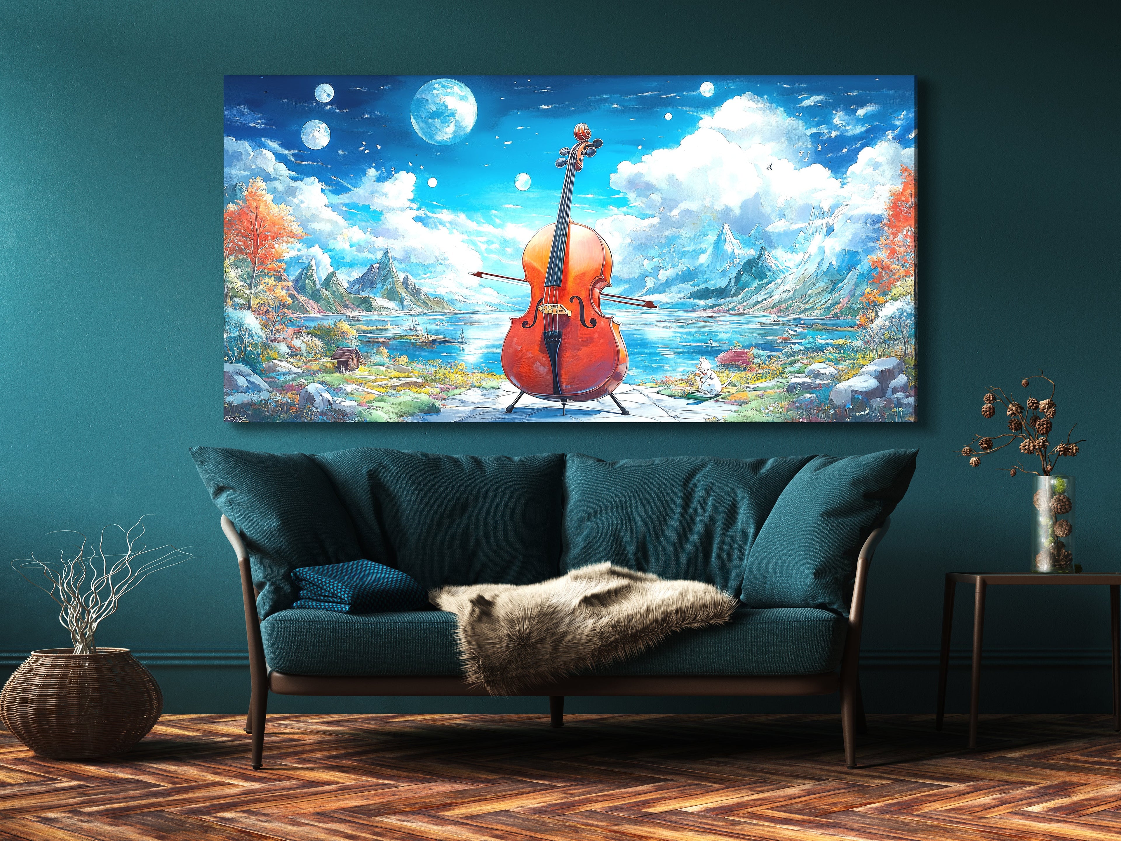 Fantasy Cello Lake Canvas Print — Surreal Mountainscape Music Art