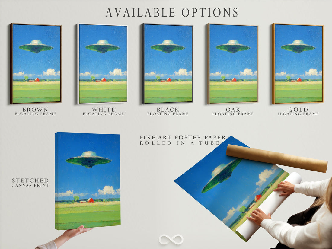 UFO Flying Saucer Canvas Art — Retro Sci-Fi Landscape (Green Sky, Red Barn)