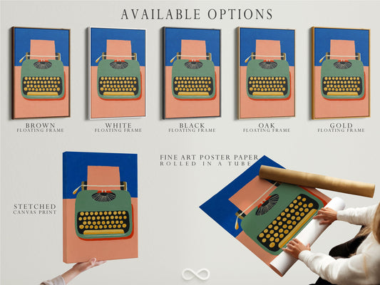 Typewriter Canvas Art — Mid-Century Office Wall Decor (Green, Peach & Blue)