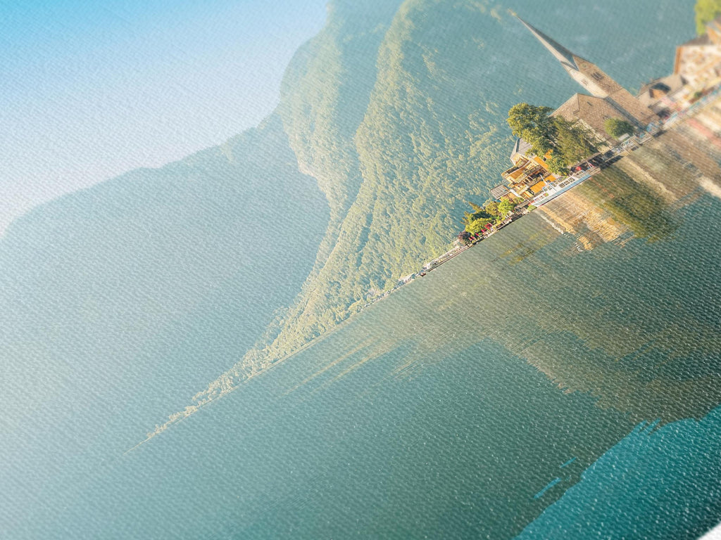 Stampa su tela di Hallstatt, Austria, grande arte murale di un villaggio europeo, fotografia di paesaggi di lago e montagna, arredamento extra large ispirato ai viaggi