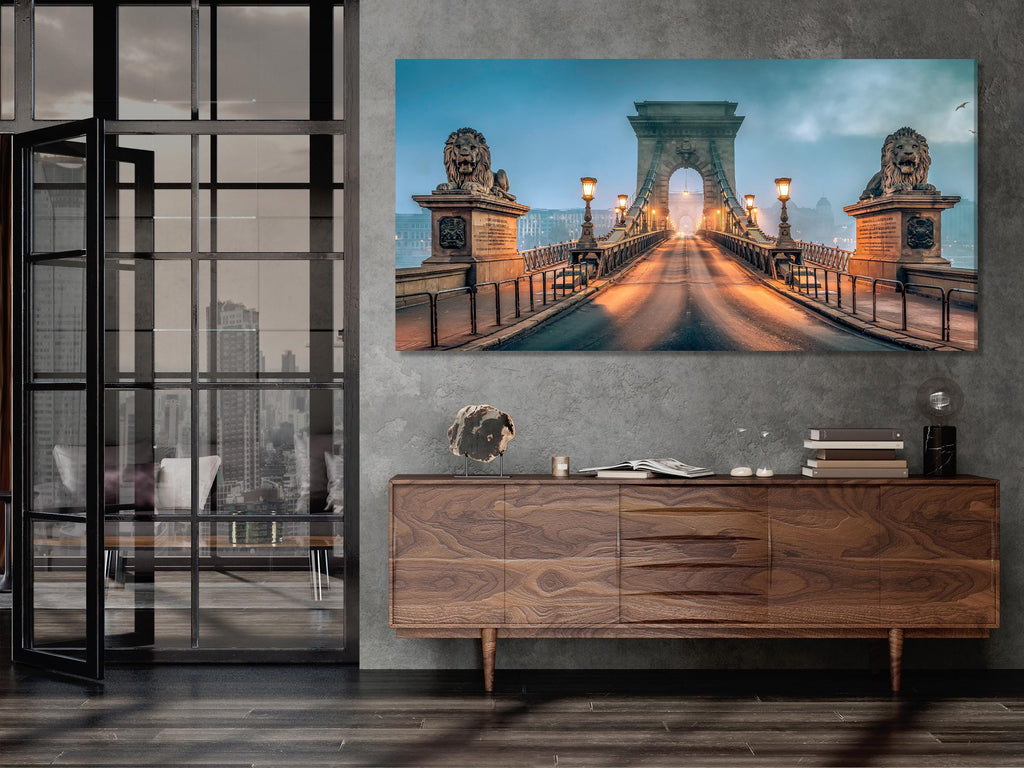 Chain Bridge Wall Art, Budapest Landmark Canvas Print, Morning Fog Cityscape Decor, Iconic Hungarian Bridge Artwork for Living Room / Office