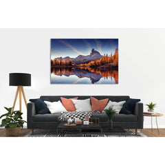 Autumn Reflections: Federa Lake Canvas ArtThis canvas print elegantly captures the golden hour at Federa Lake, with fiery autumnal trees reflected in the calm waters against a backdrop of a striking mountain peak. Ideal for wall decor, this art print enha