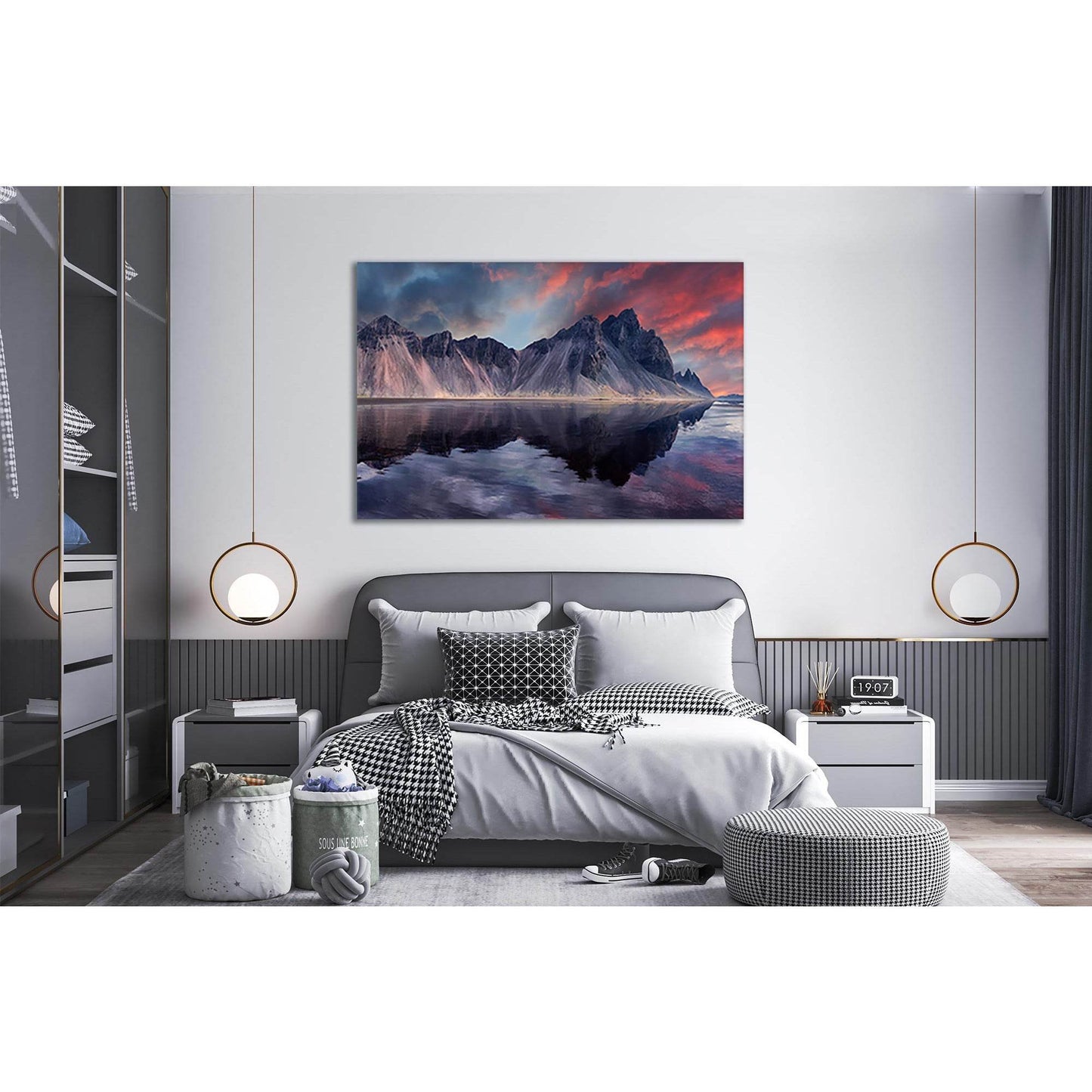 Nature's Mirror: Vestrahorn Mountain Art PrintThis canvas print captures the dramatic skies and stark beauty of Vestrahorn Mountain, reflected in the still waters below. It's a stunning piece of wall art that brings the grandeur of Icelandic landscapes in