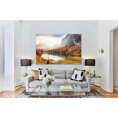 Federa Lake Reflections: Artwork for Cozy InteriorsThis canvas print showcases the warm, golden tones of autumn at Federa Lake, flanked by rugged cliffs and a tranquil reflection. Ideal as an art print for creating a focal point in any room, this piece of