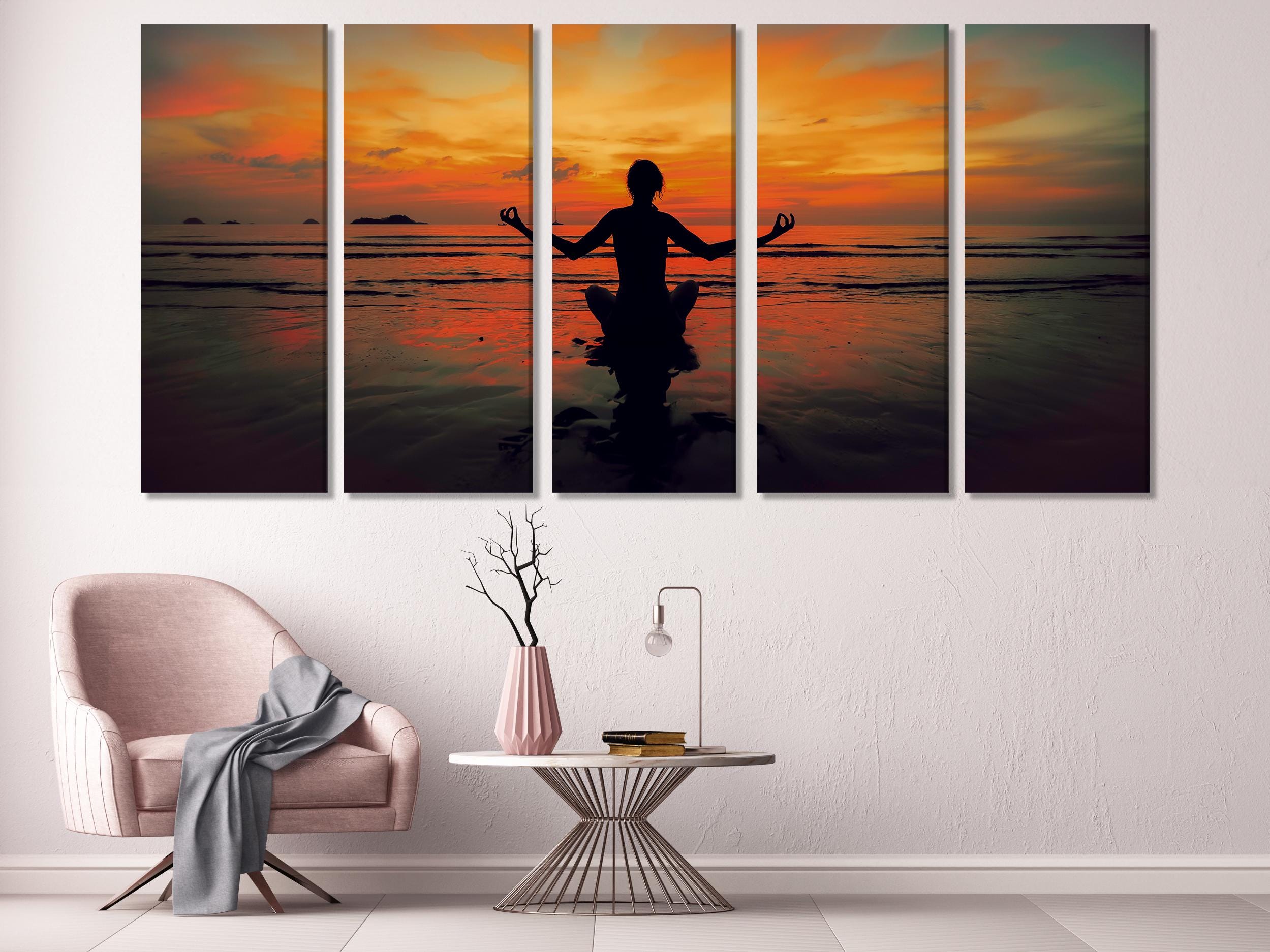 Yoga Meditation Sunset Canvas Print, Large Zen Wall Art, Peaceful Beach Silhouette Artwork, Modern Mindfulness Art Print, Calm Wall Decor