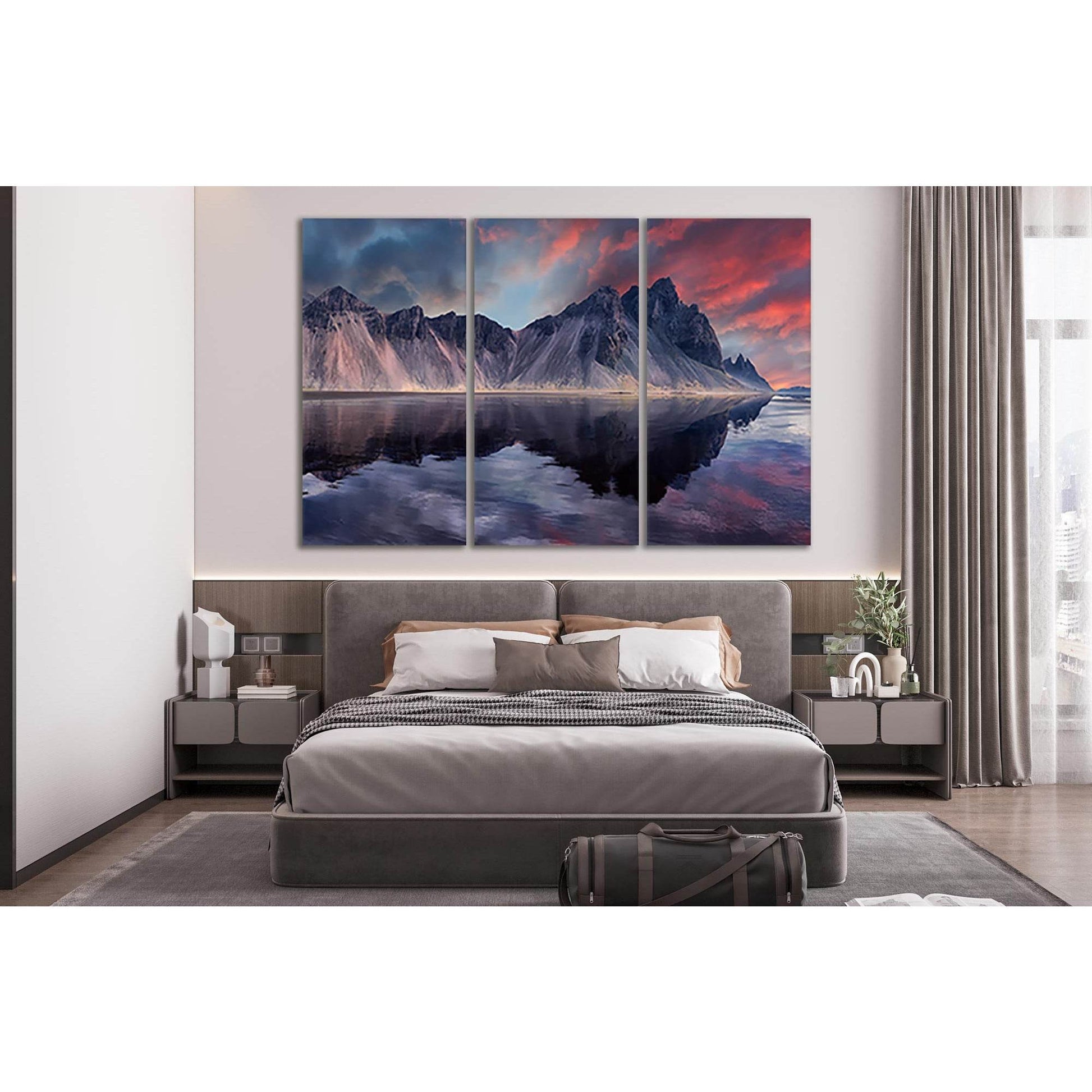 Nature's Mirror: Vestrahorn Mountain Art PrintThis canvas print captures the dramatic skies and stark beauty of Vestrahorn Mountain, reflected in the still waters below. It's a stunning piece of wall art that brings the grandeur of Icelandic landscapes in