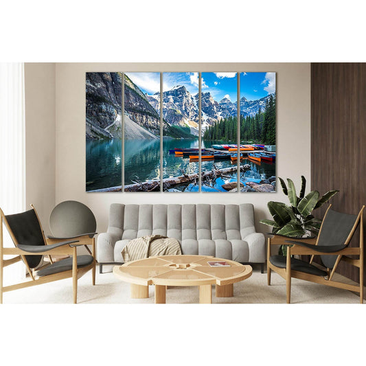 Rocky Mountains and Lake Wall Decor: An Inspiring Office AdditionThis canvas print captures the breathtaking beauty of Lake Moraine with its crystal-clear waters and majestic mountain backdrop. The vibrant blues and natural greens make it a perfect piece