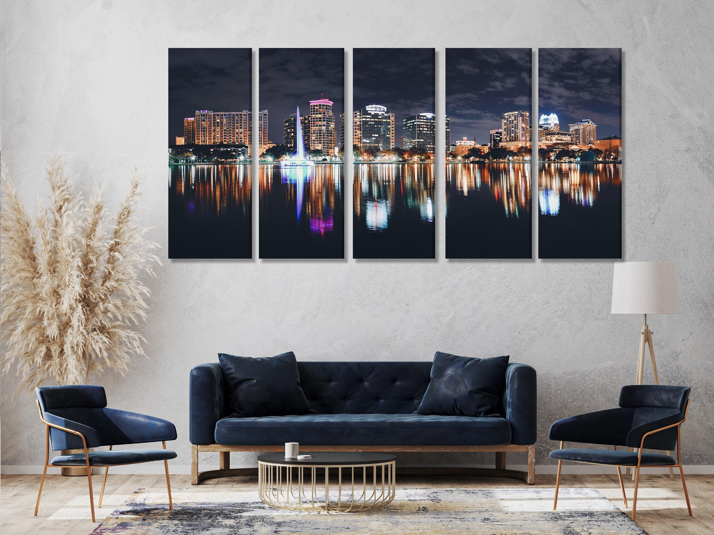 Orlando Lake Eola at Night Canvas Print, Downtown Skyline Wall Art, XXL Orlando Cityscape, Office Buildings Art, Large Florida Wall Art