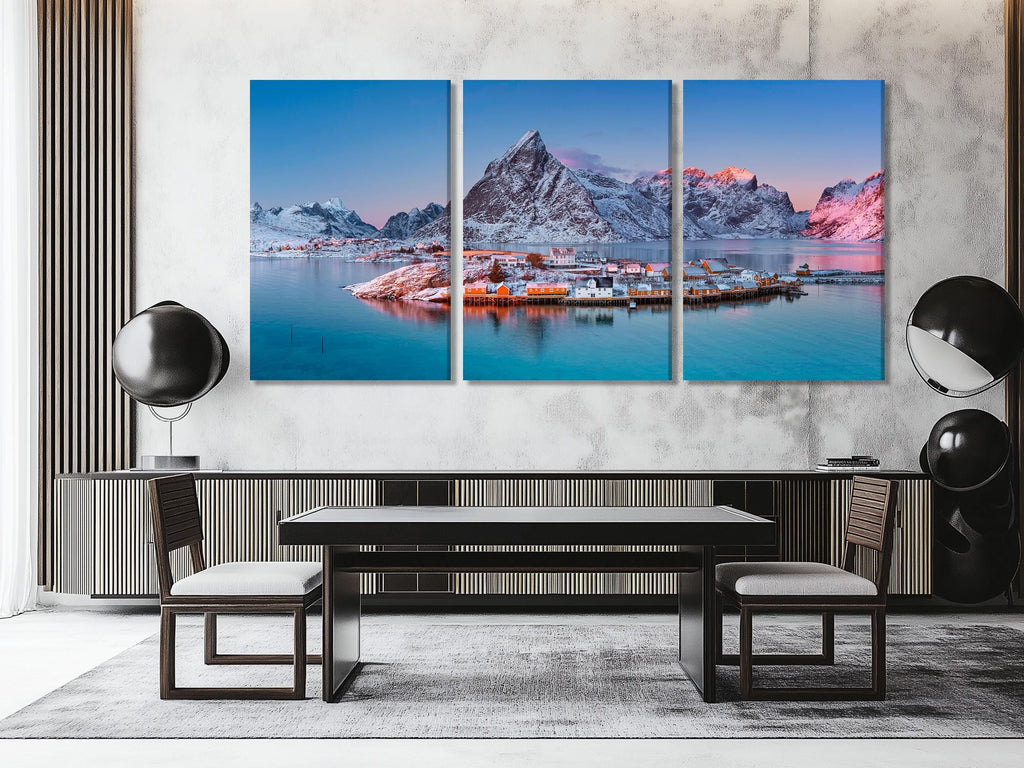 Lofoten Island Canvas Print, Winter Coastal Village Wall Art, Norwegian Mountain Landscape, Arctic Seascape Decor, XXL Nordic Nature Artwork
