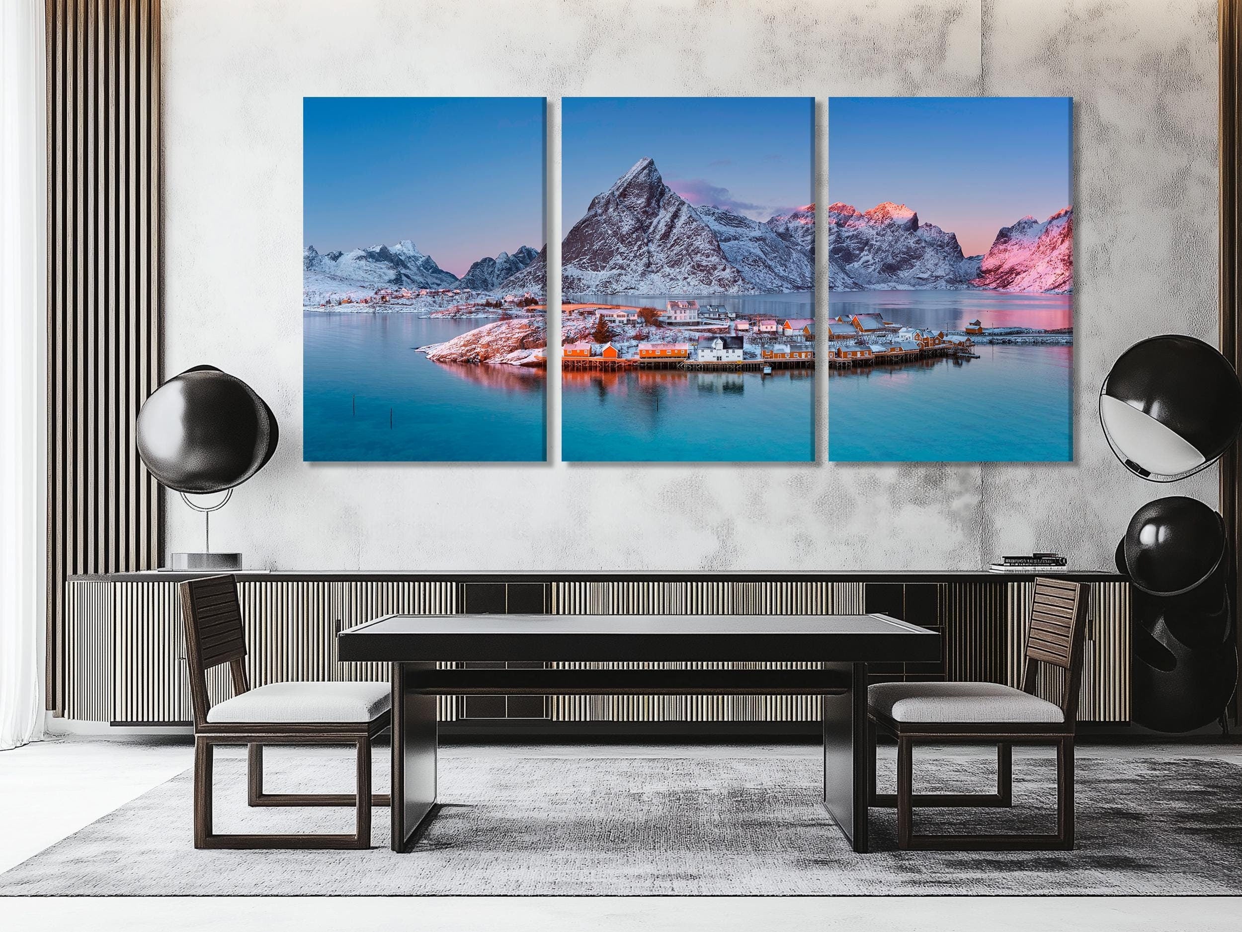 Lofoten Island Canvas Print, Winter Coastal Village Wall Art, Norwegian Mountain Landscape, Arctic Seascape Decor, XXL Nordic Nature Artwork