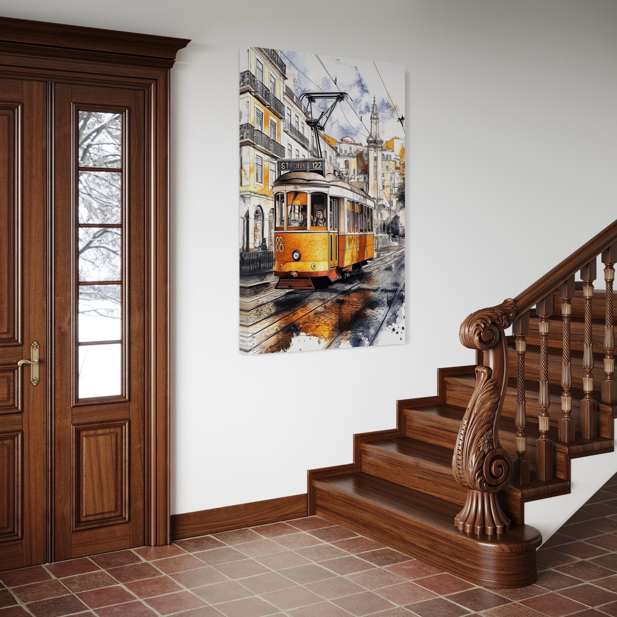 Muurkunst met tram in Lissabon - aquarelprint van Lissabon, canvaskunst van een stadsgezicht in Portugal, canvasprint van een gele tram, wanddecoratie van Lissabon, kunstwerken van Lissabon