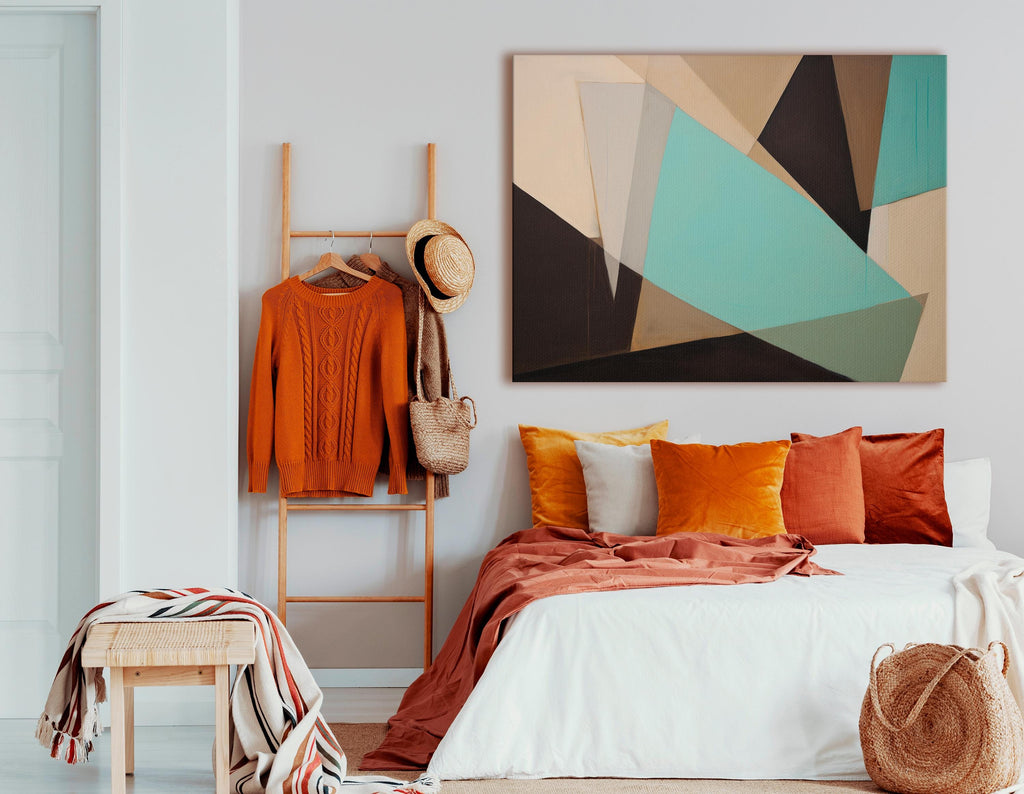 Geometric Canvas Wall Art, Abstract Triptych Painting, Minimalist Home Decor, Extra Large Canvas Print, Teal Beige Black Artwork, Gift Idea