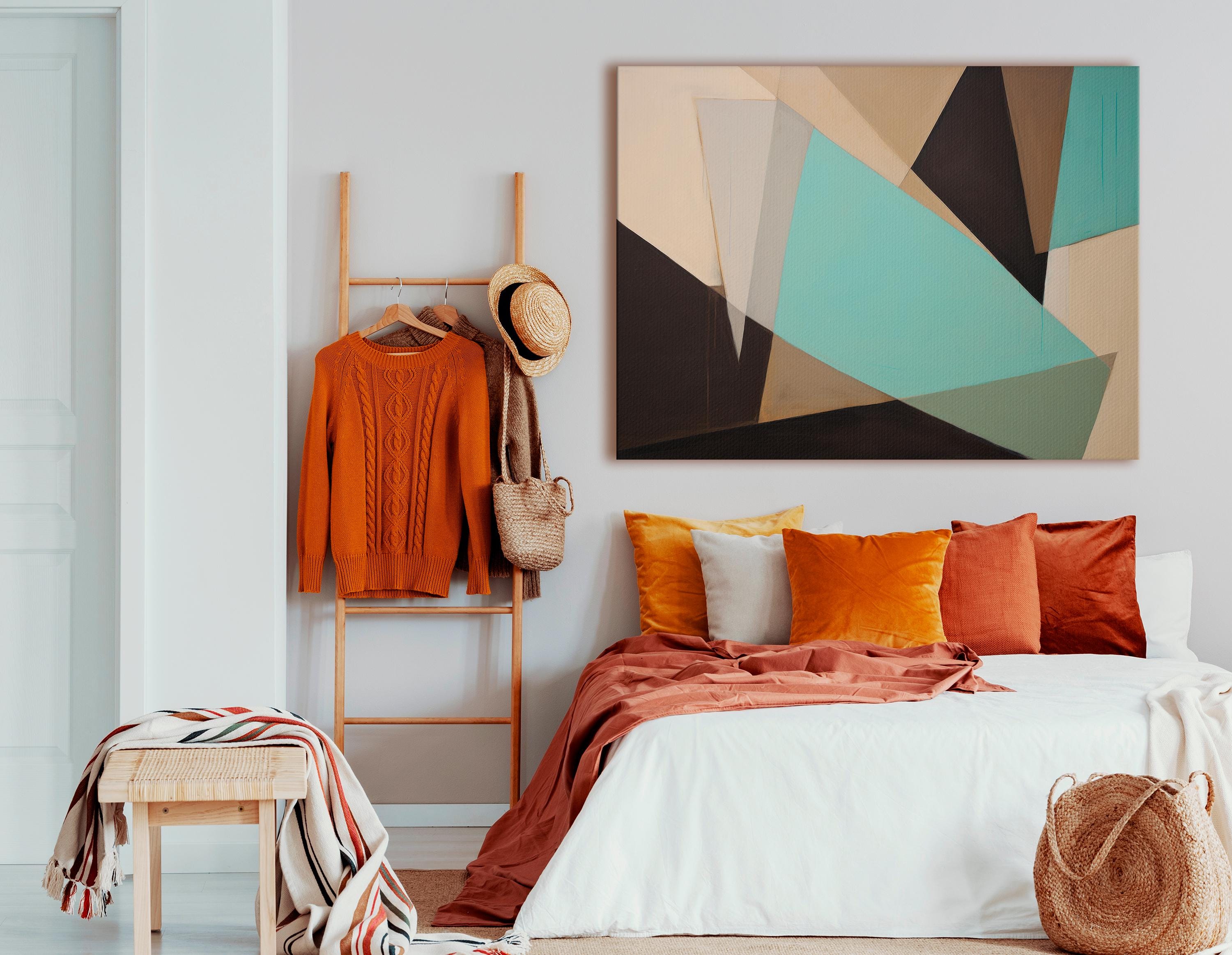 Geometric Canvas Wall Art, Abstract Triptych Painting, Minimalist Home Decor, Extra Large Canvas Print, Teal Beige Black Artwork, Gift Idea