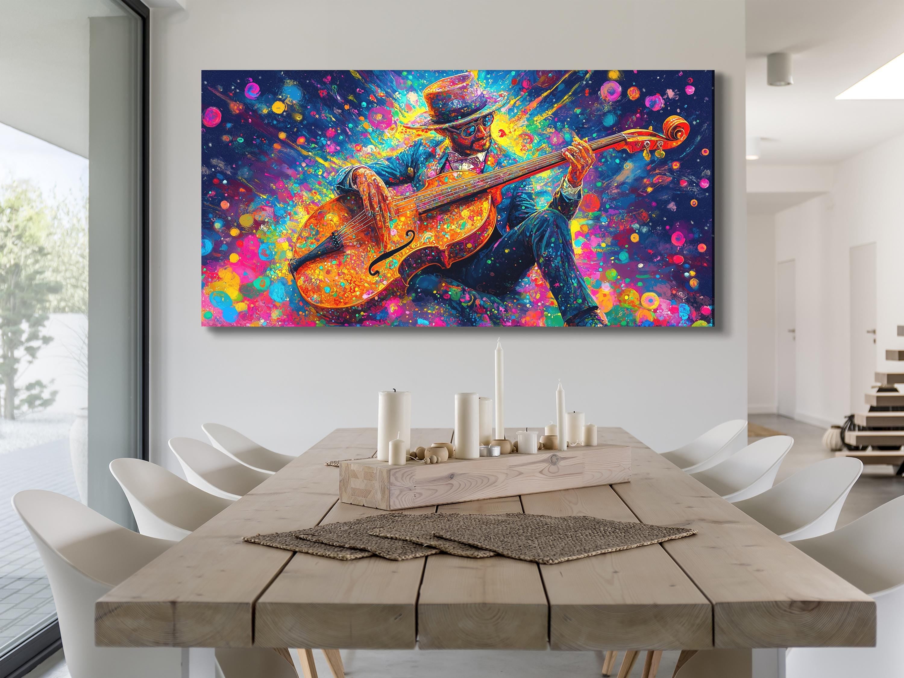 Jazzmuzikant Muurkunst Kleurrijke Bas Canvas Print Abstract Muziek Kunstwerk Cadeau voor Muziekliefhebbers Levendige Jazz Decor Woonkamer Studio Kunst