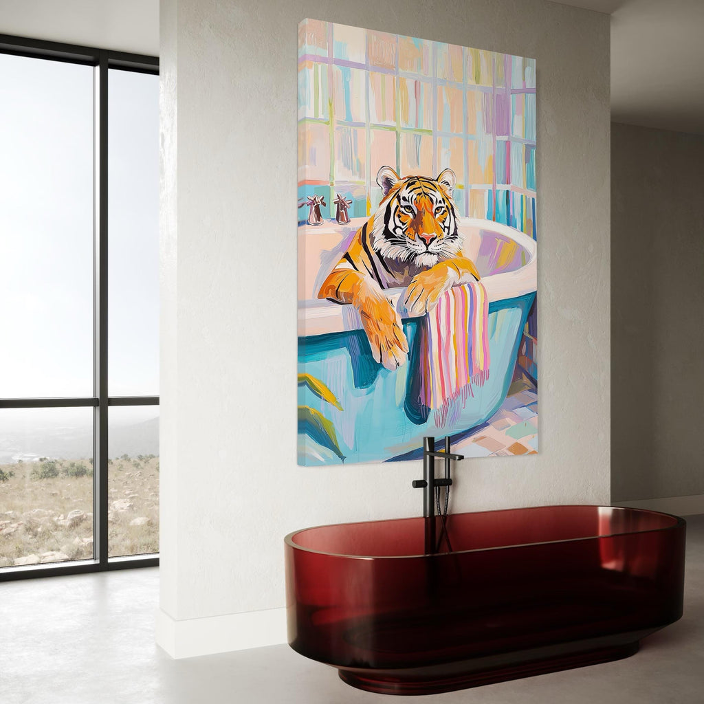 Tiger Poster Art - Maximalist Bathroom Wall Art, Dopamine Decor, Pink Kitsch Aesthetic, Trendy Tiger in a Bath Print, Preppy Jungle Wall Art
