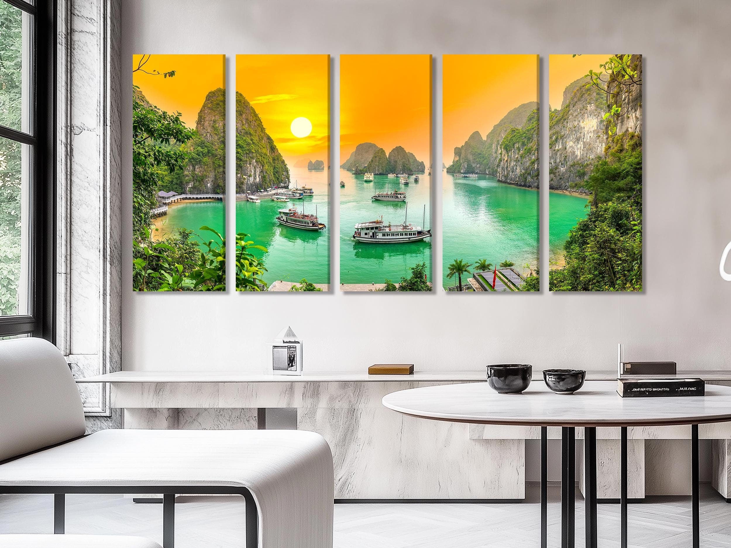 Breathtaking multi-panel wall art depicting a tranquil bay at sunset, showcased as a vibrant canvas print.