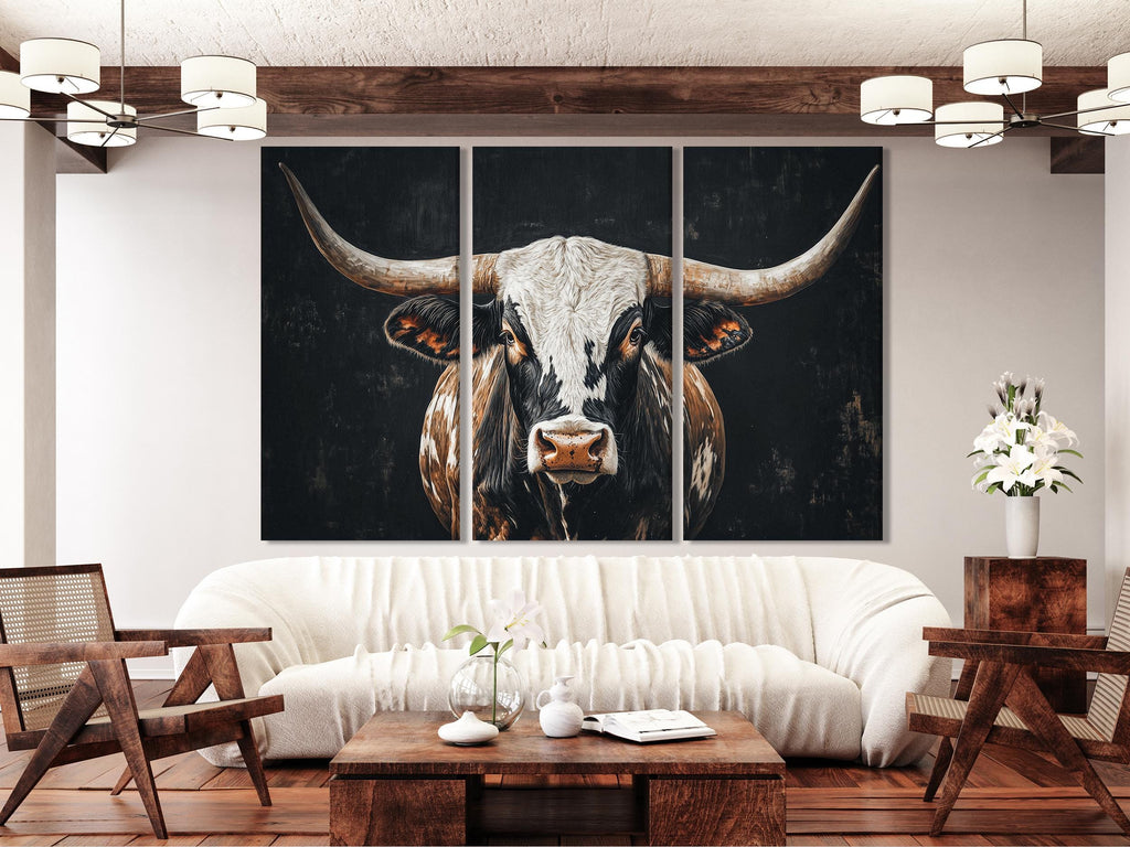 Texas Longhorn Cow Wall Art - Farmhouse Wall Decor, Extra Large Wall Art, Longhorn Cow Print, Rustic Bull Painting Longhorn Cow Canvas Print