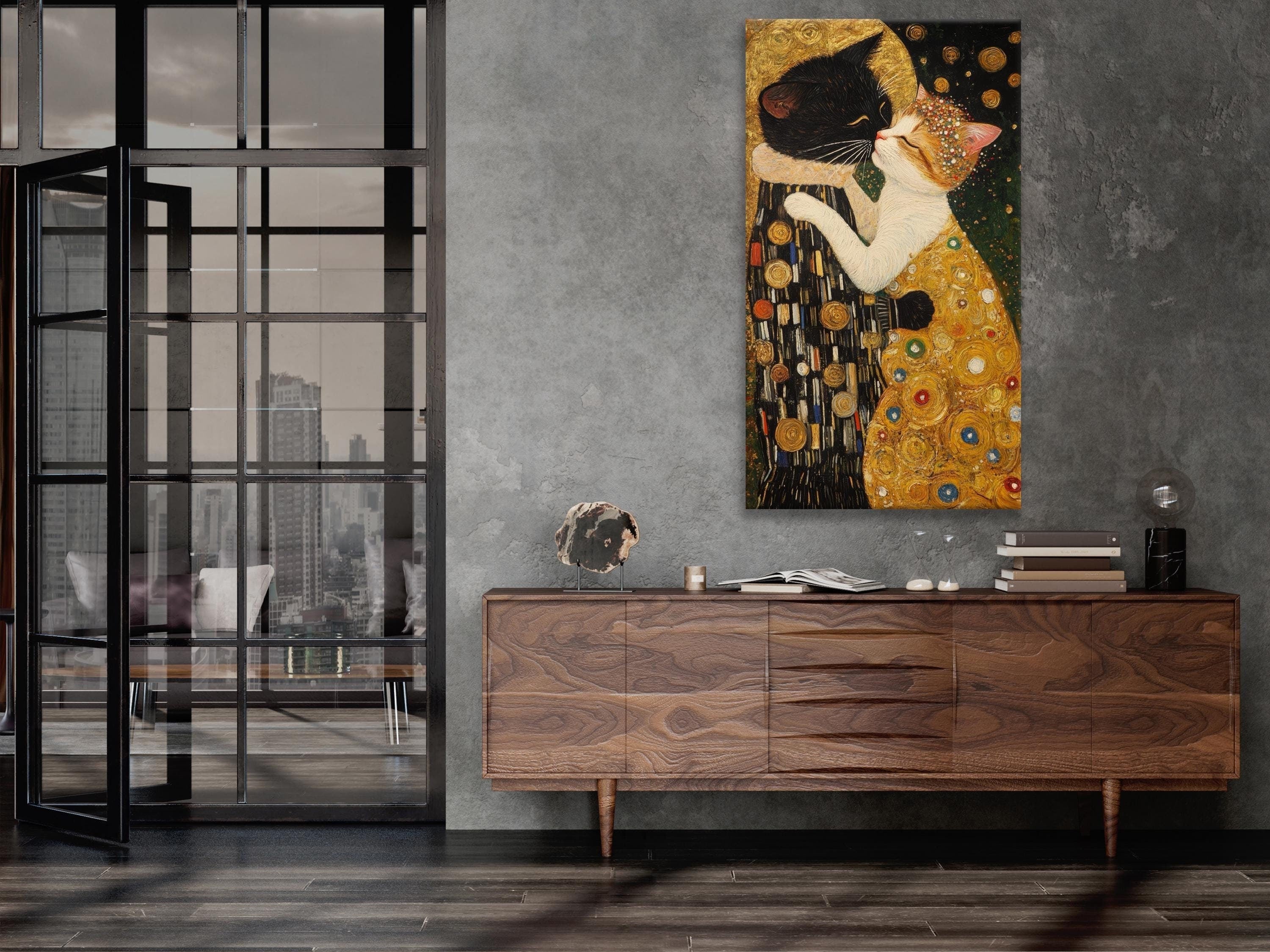 The Kiss: Cat Version Wall Art - Gustav Klimt inspired Artwork, Modern Cat Wall Art, Cat Canvas Art, Cat Lover Gift Idea, Large Cat Painting
