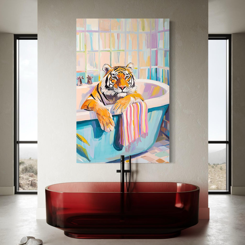 Tiger Poster Art - Maximalist Bathroom Wall Art, Dopamine Decor, Pink Kitsch Aesthetic, Trendy Tiger in a Bath Print, Preppy Jungle Wall Art