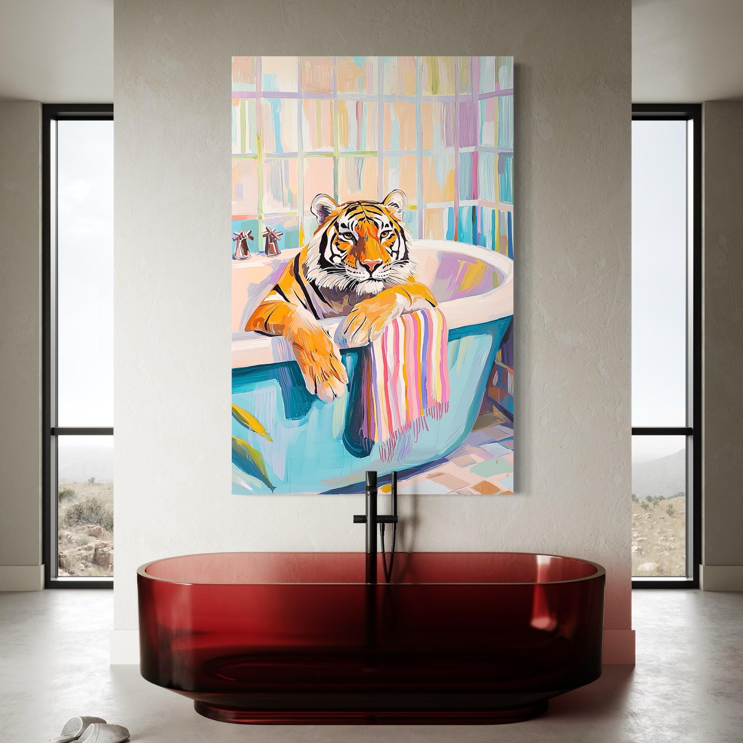 Tiger Poster Art - Maximalist Bathroom Wall Art, Dopamine Decor, Pink Kitsch Aesthetic, Trendy Tiger in a Bath Print, Preppy Jungle Wall Art