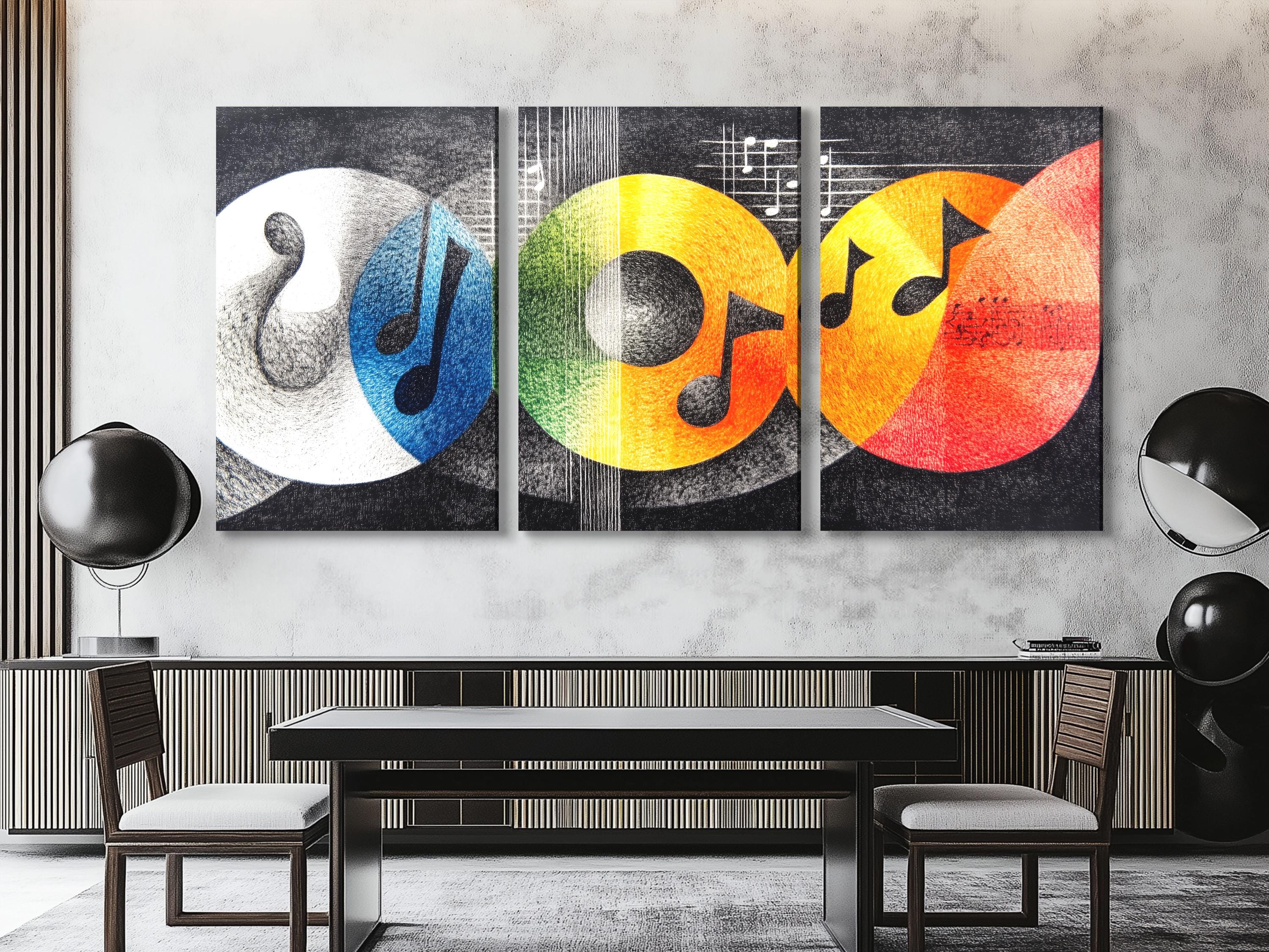 Abstract music notes canvas styled above a sofa